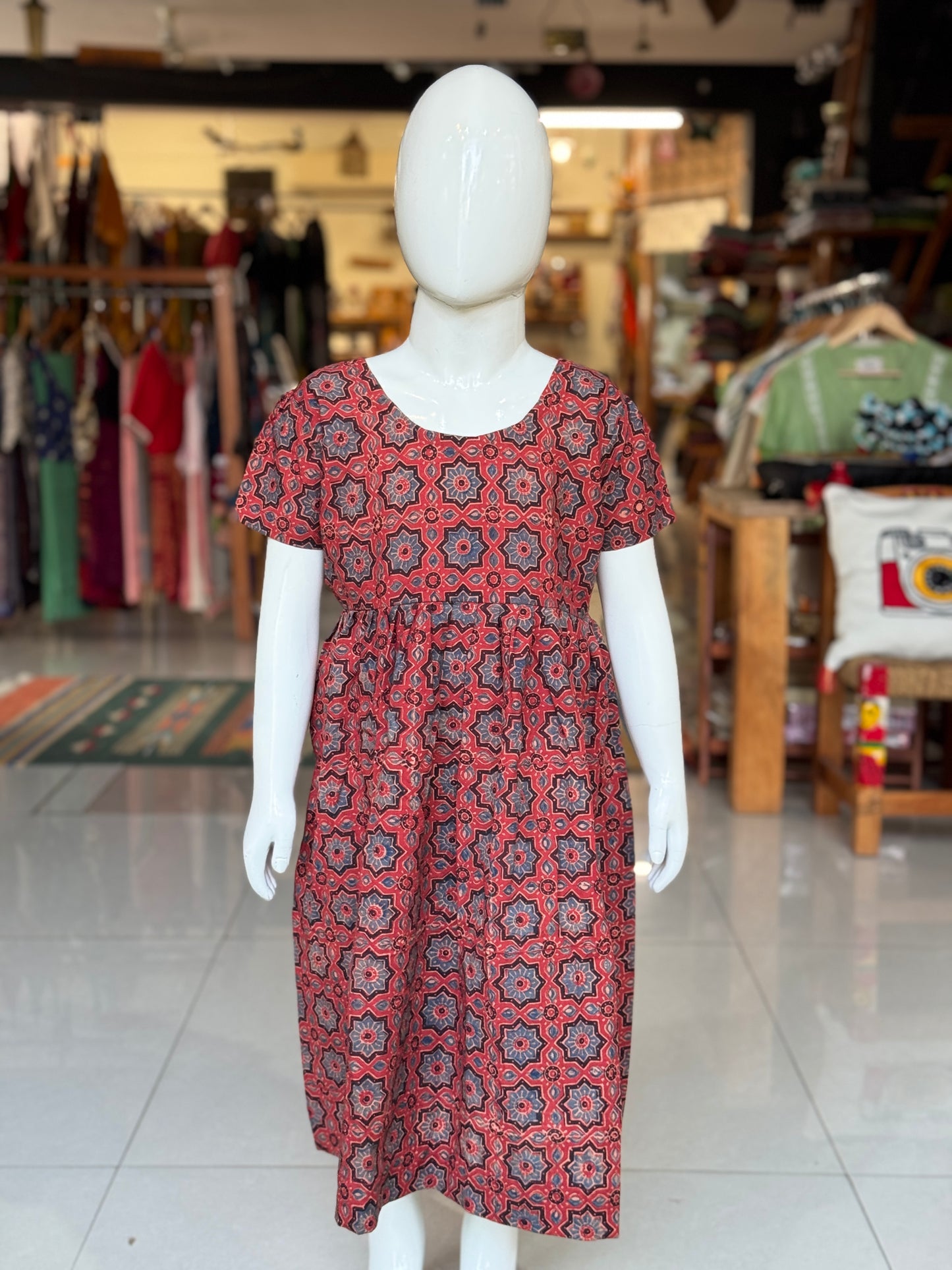 Ajrakh hand block printed cotton frock for girls