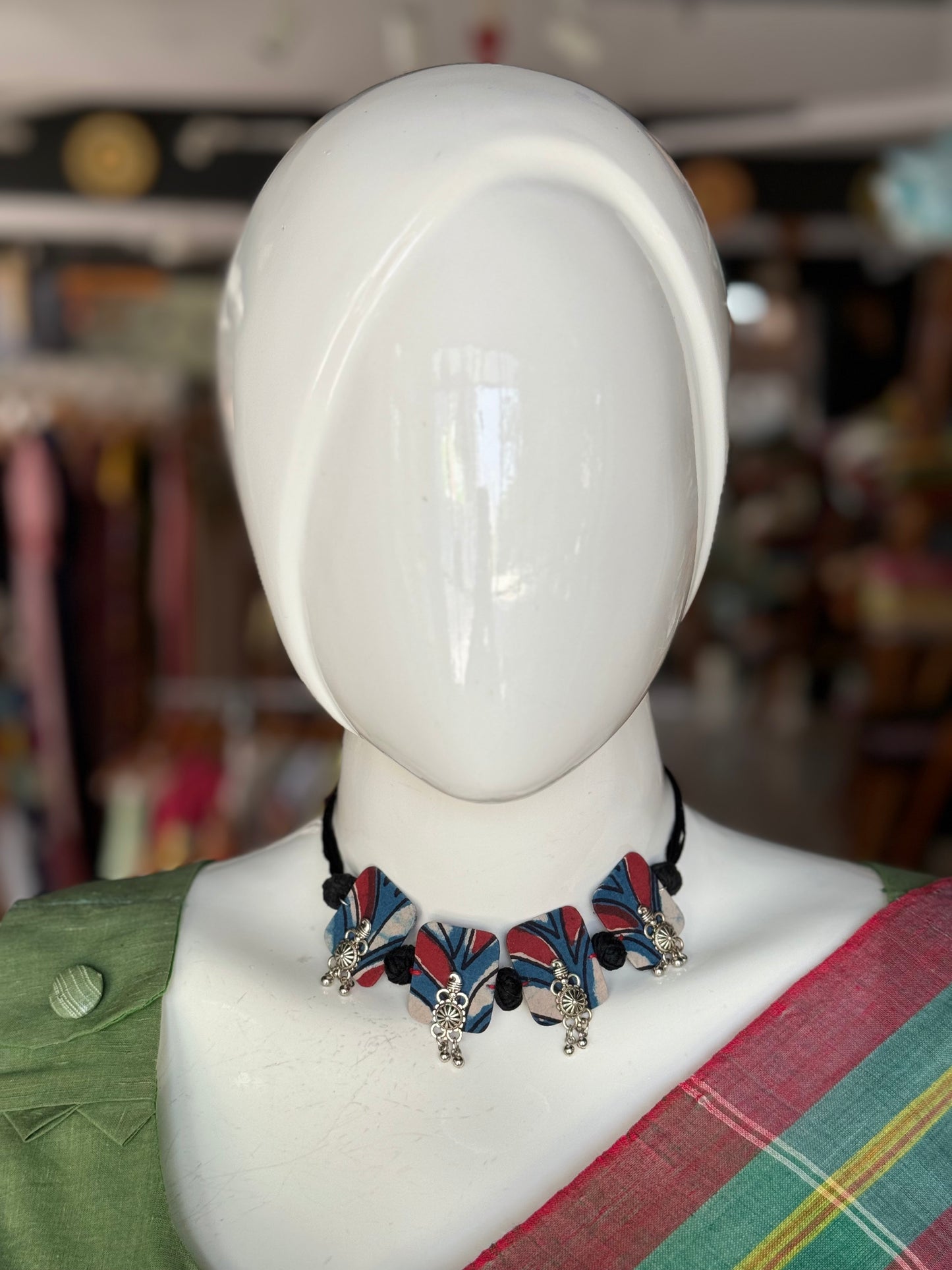 Hand block printed cotton fabric and oxidised silver handcrafted choker neckpiece and earrings set