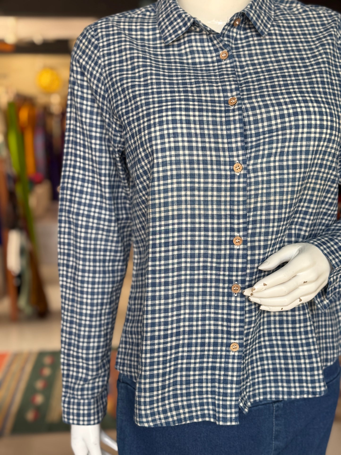 Indigo checkered collared shirt for women in handwoven cotton