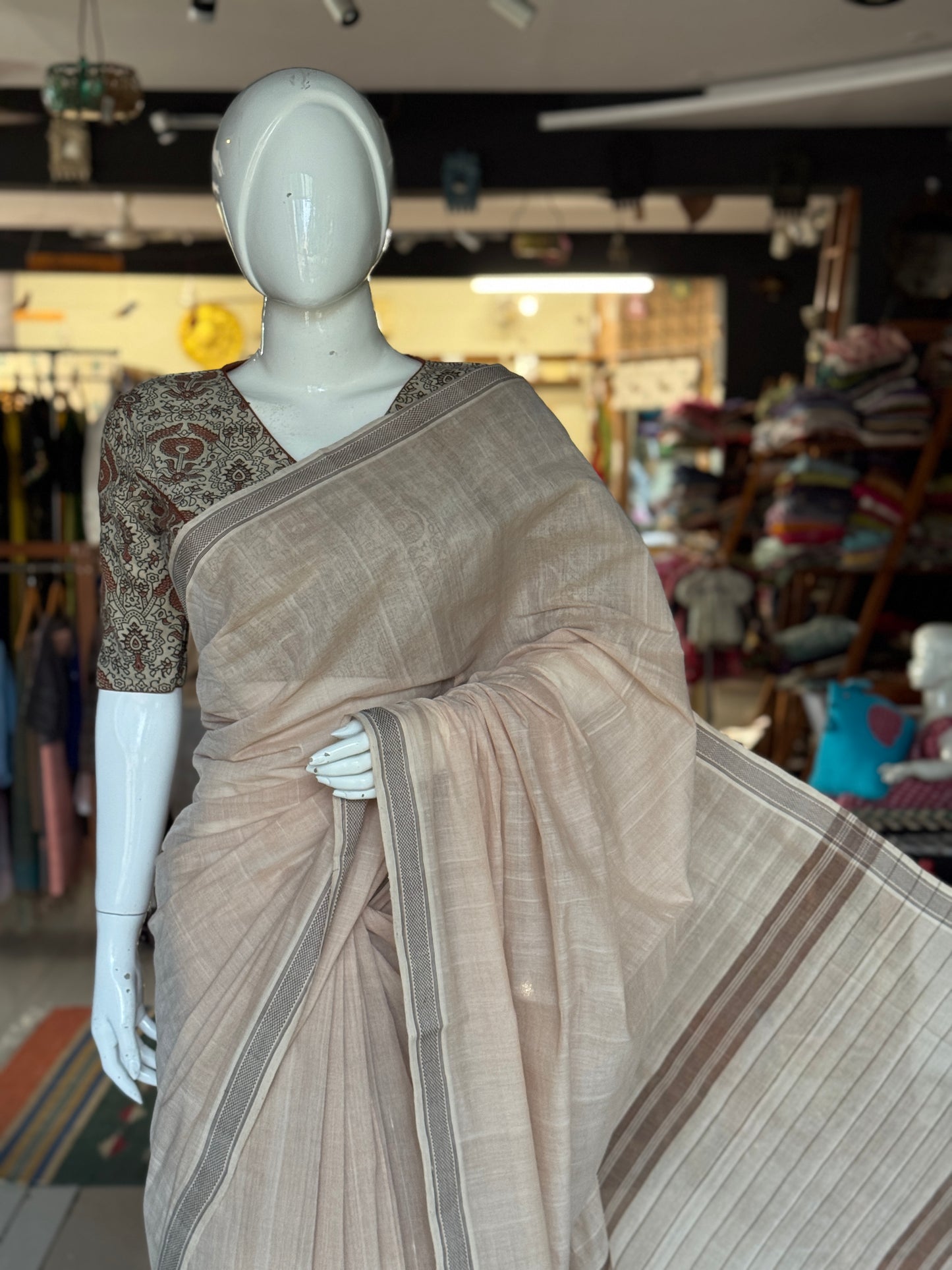 Beige brown soft handloom cotton saree with thread border