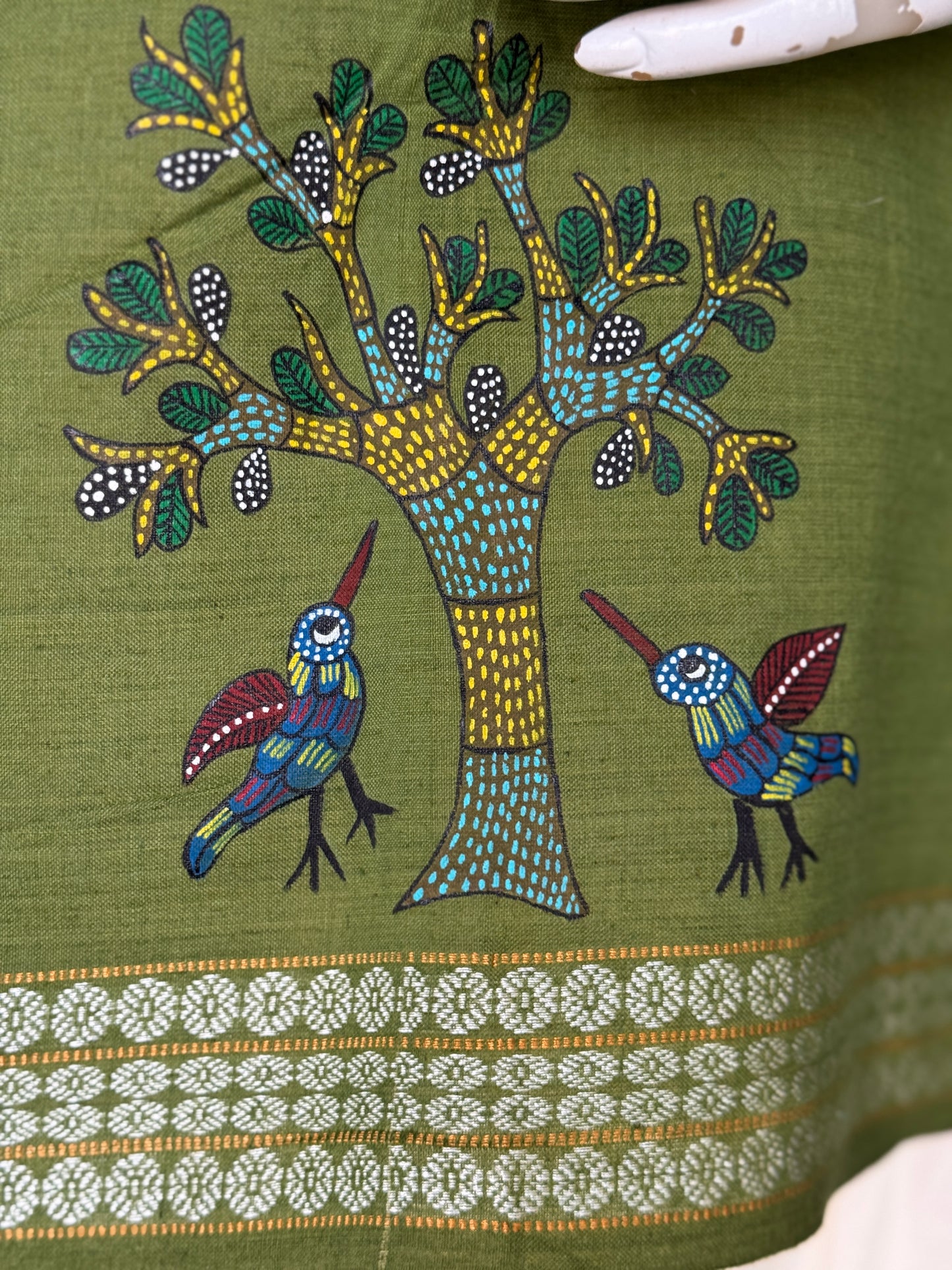 Green birds and tree hand painted, handwoven cotton top