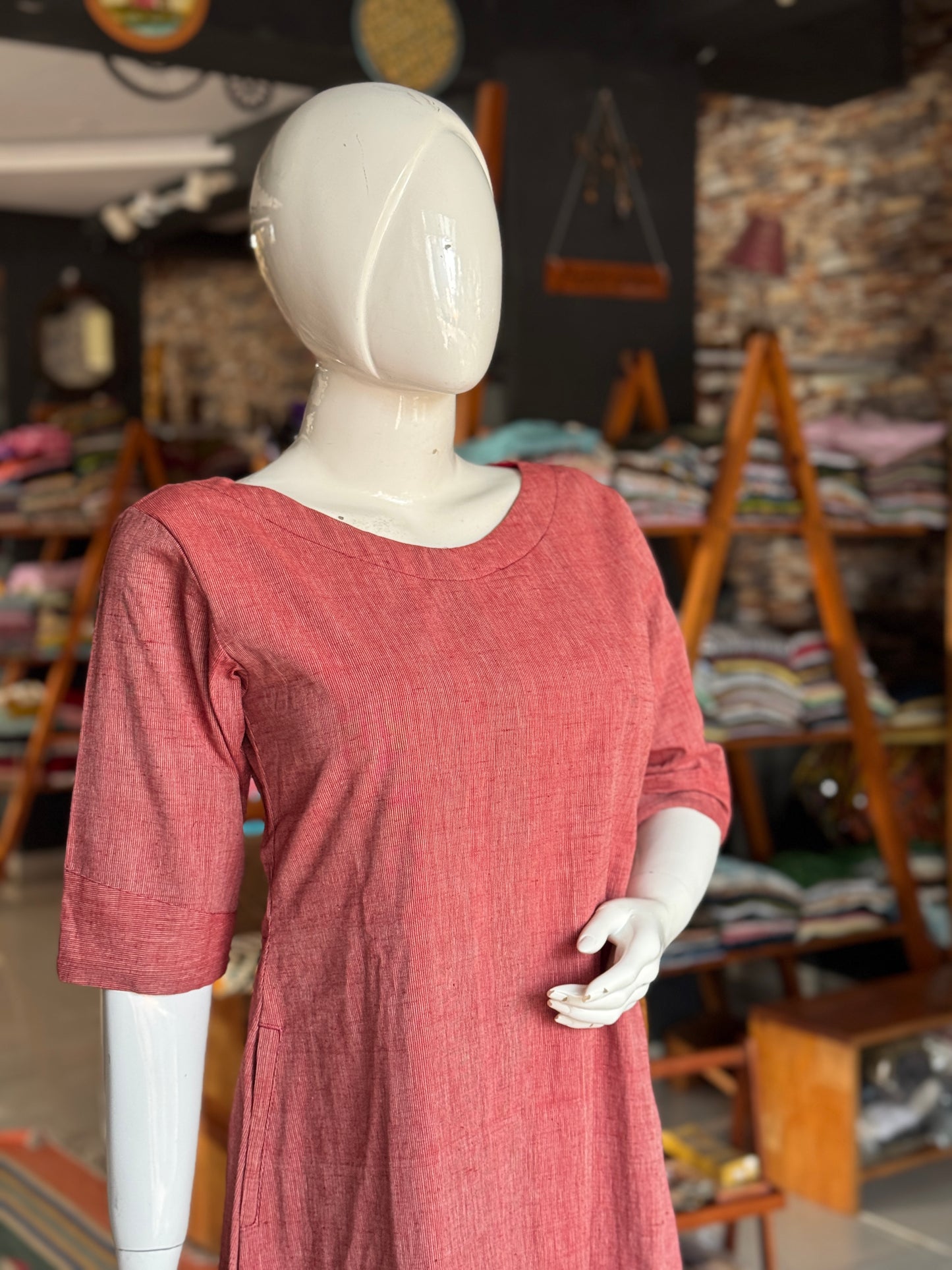 Maroon fine stripes hand woven, cotton dress with gathers at hem