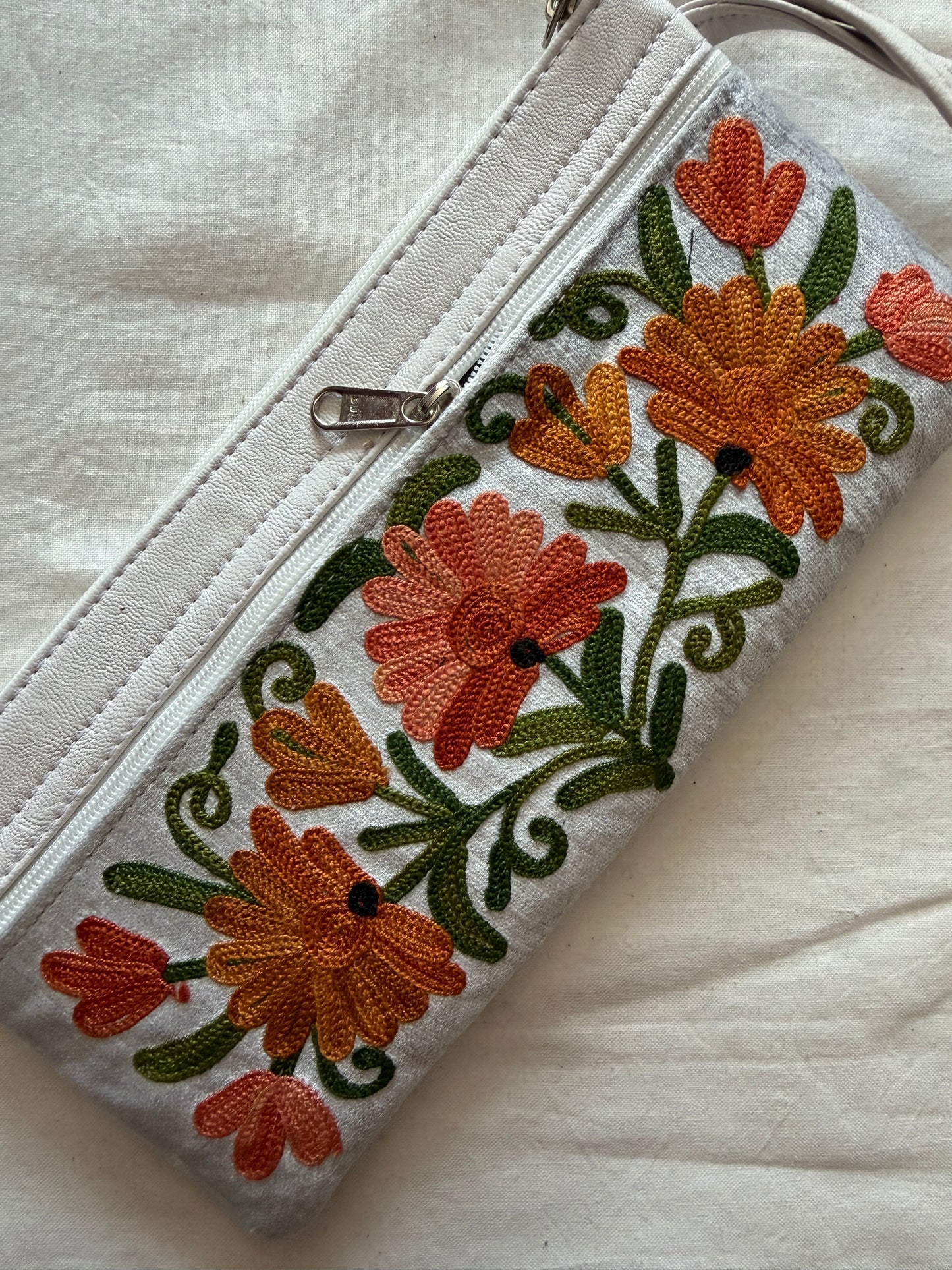 Wristlet pouch with Kashmiri floral Aari embroidery - 3 zippers - color options available