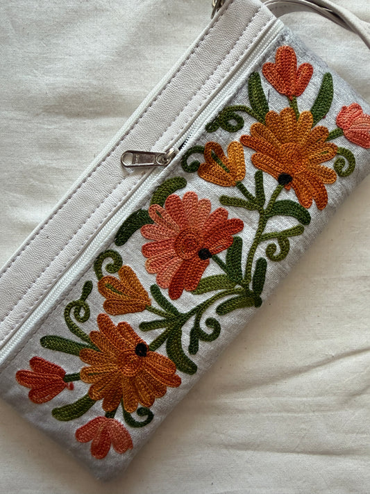 Wristlet pouch with Kashmiri floral Aari embroidery - 3 zippers - color options available