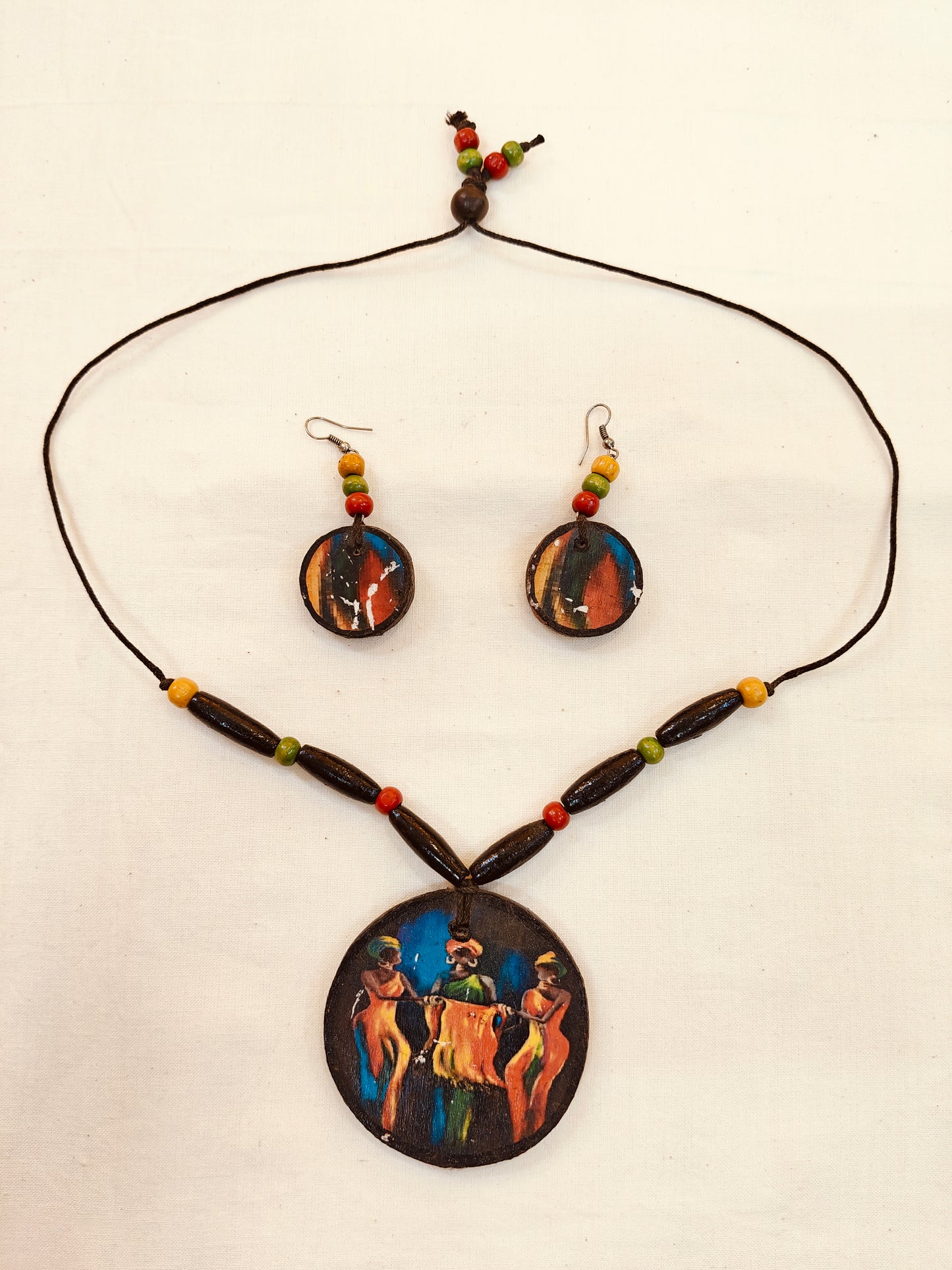 Hand painted 3 women design wooden neckpiece, earrings set