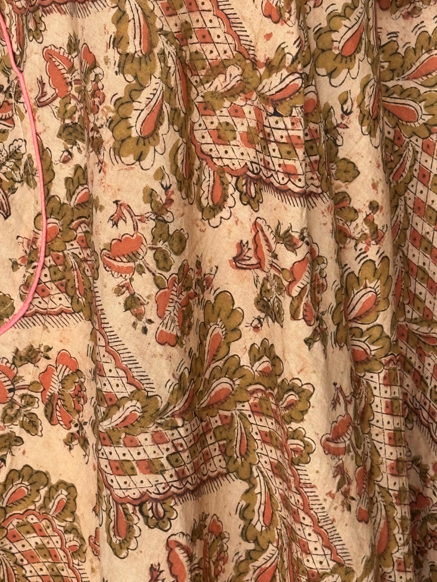 Zigzag olive green floral hand block printed Kalamkari cotton dress with pocket detailing