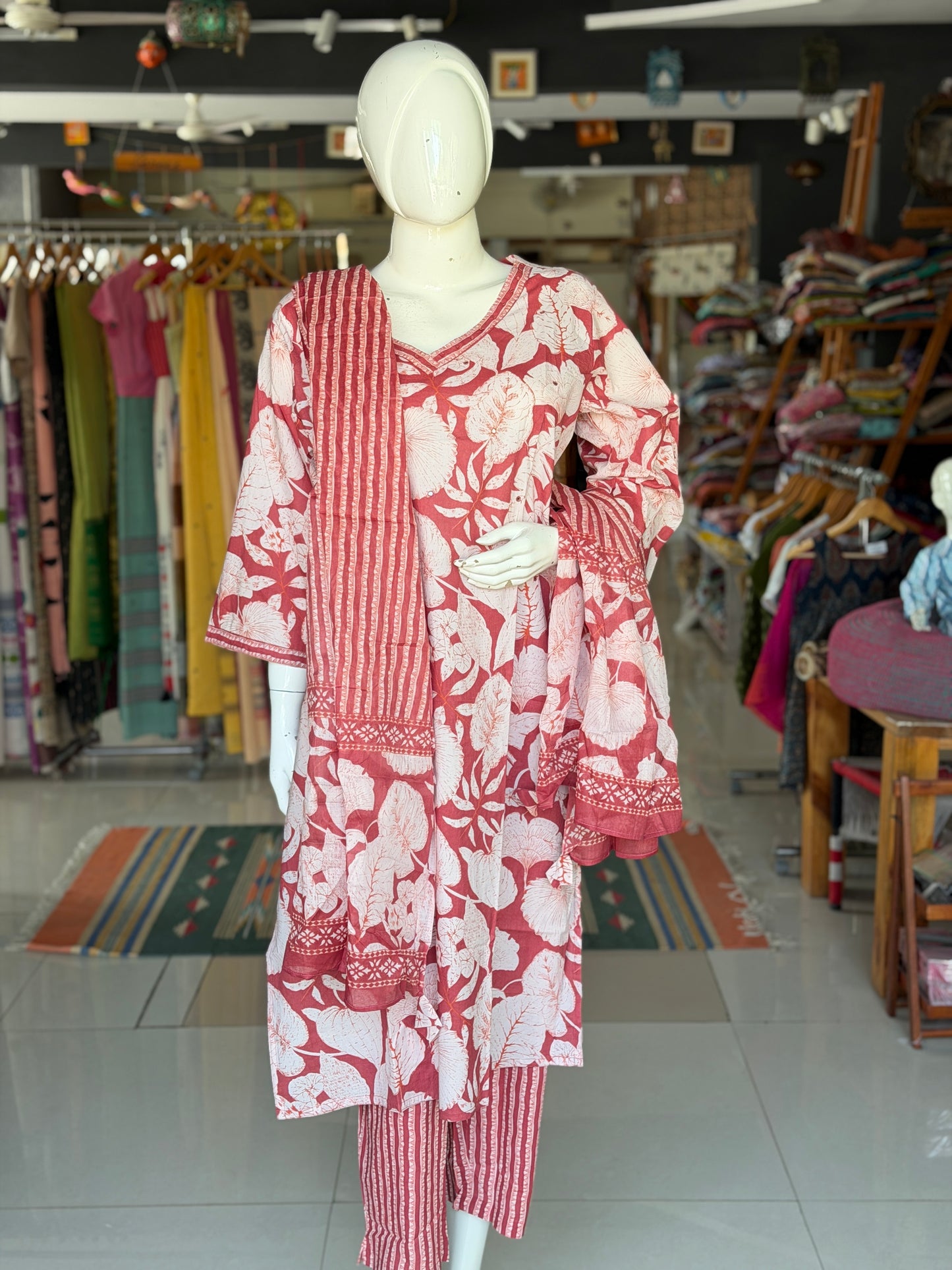 Onion pink floral plus size cotton embroidered straight kurti, pants and dupatta - 3 piece suit set - multiple sizes available