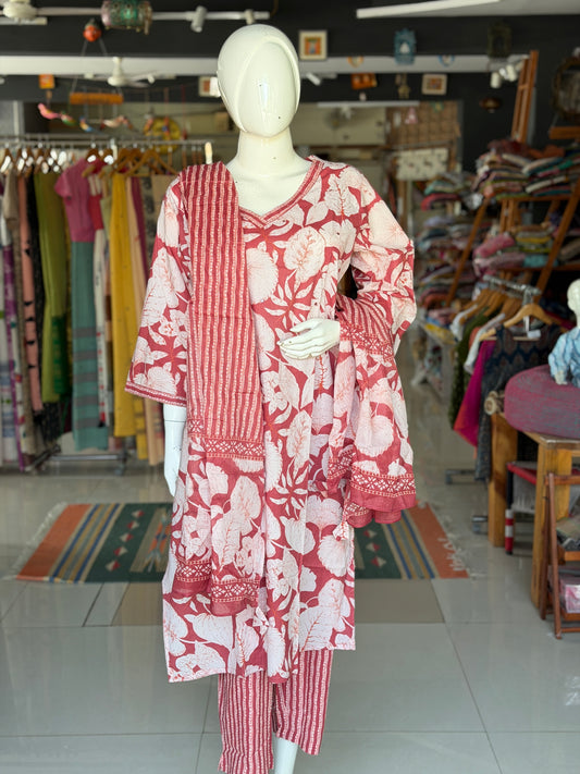 Onion pink floral plus size cotton embroidered straight kurti, pants and dupatta - 3 piece suit set - multiple sizes available