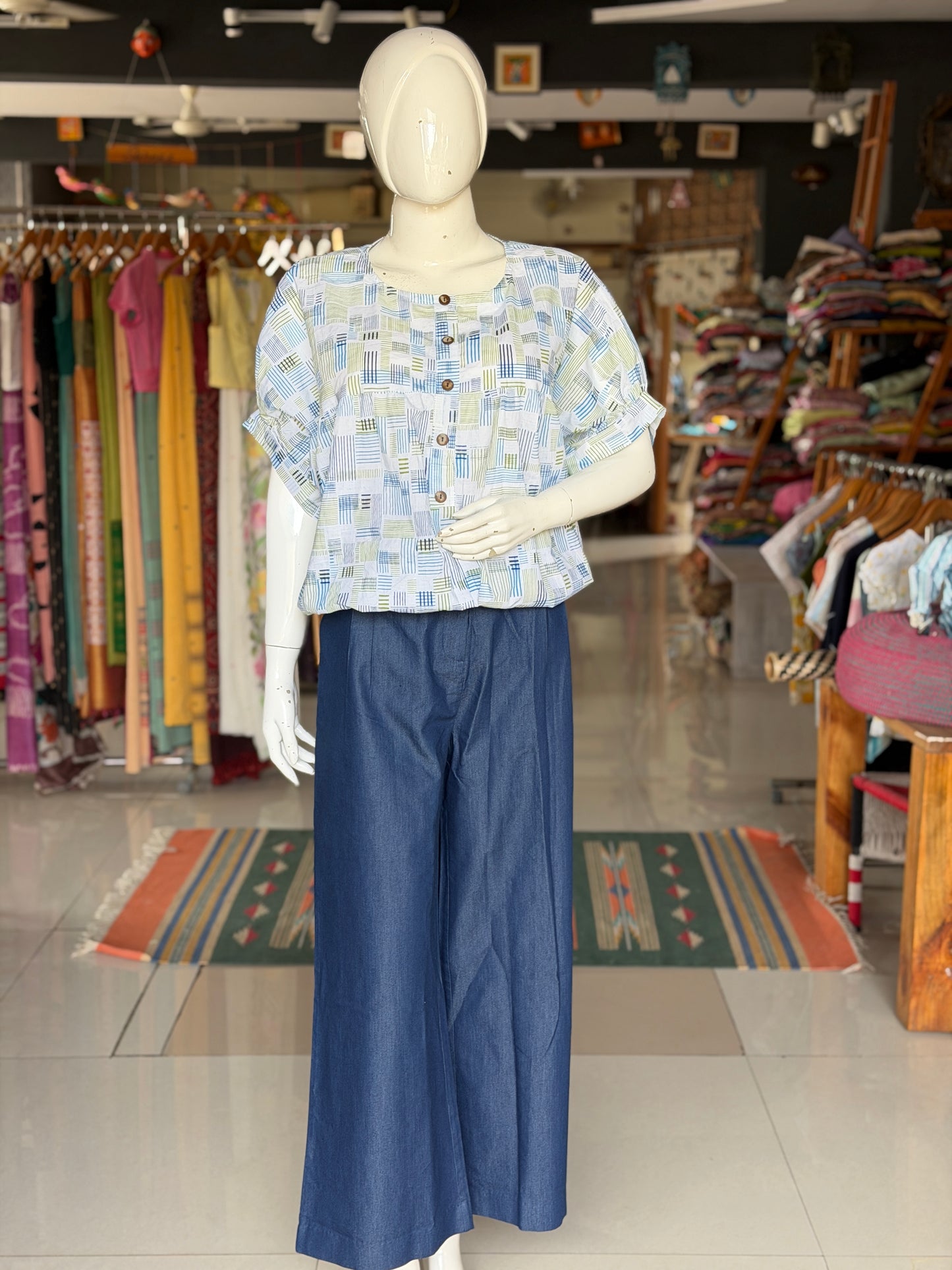 White hand block printed cotton top with blue green lines - pleated yoke and elastic hem
