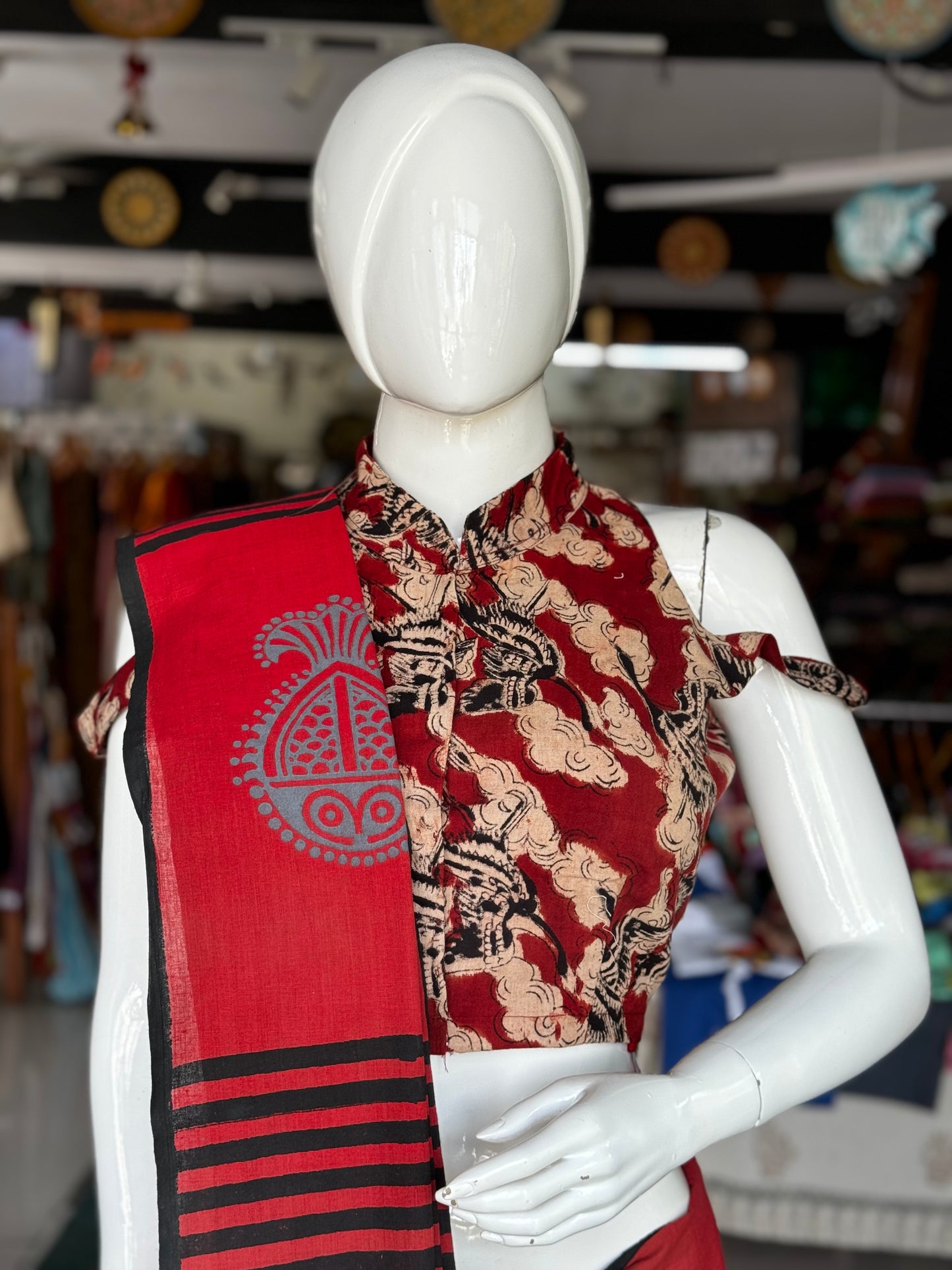 Maroon hand woven, natural dyed, hand block printed malkha cotton band collared blouse with arm straps