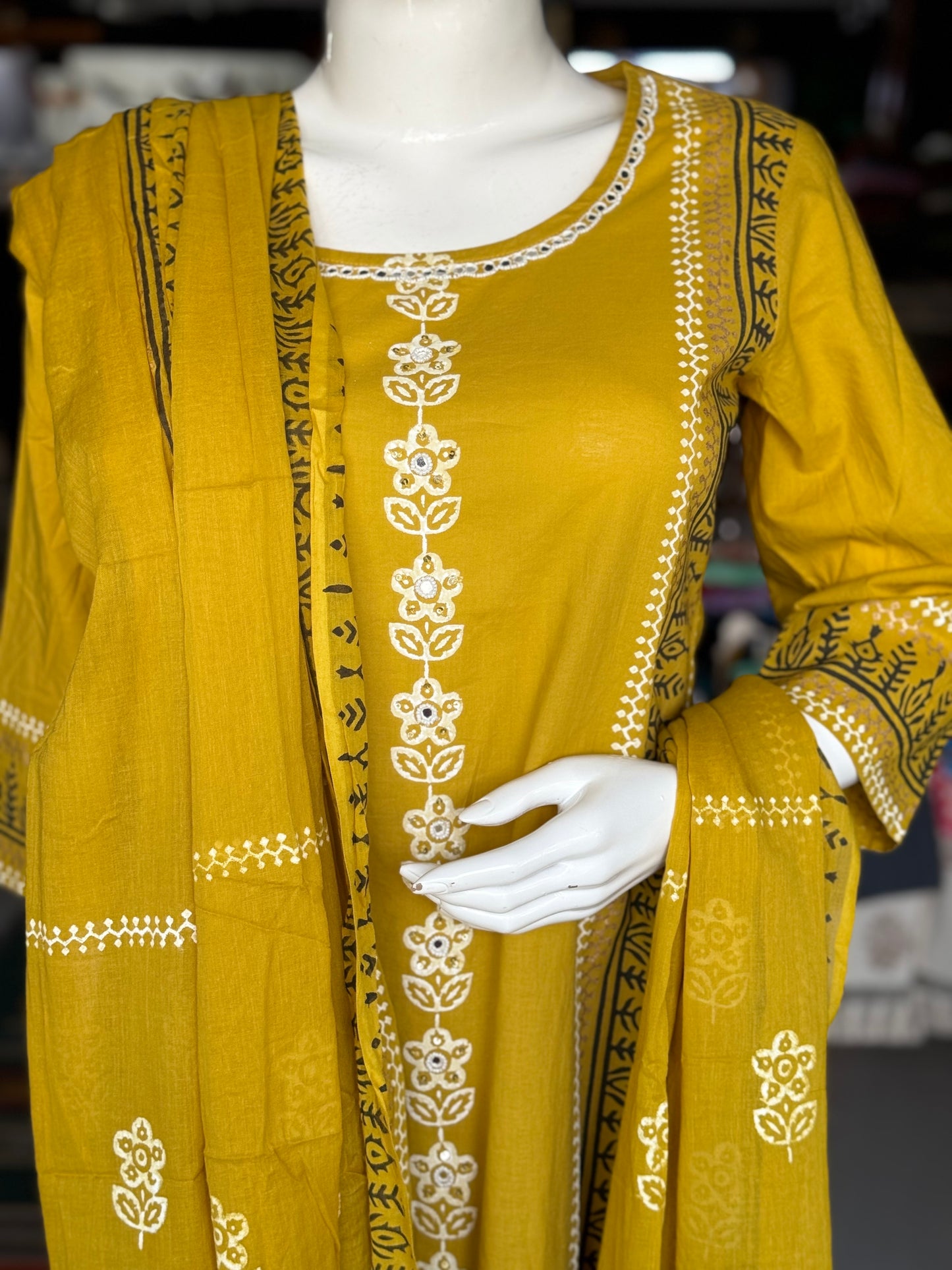 Mustard yellow placement hand block print cotton straight Kurti, pants and dupatta set - with hand work on yoke