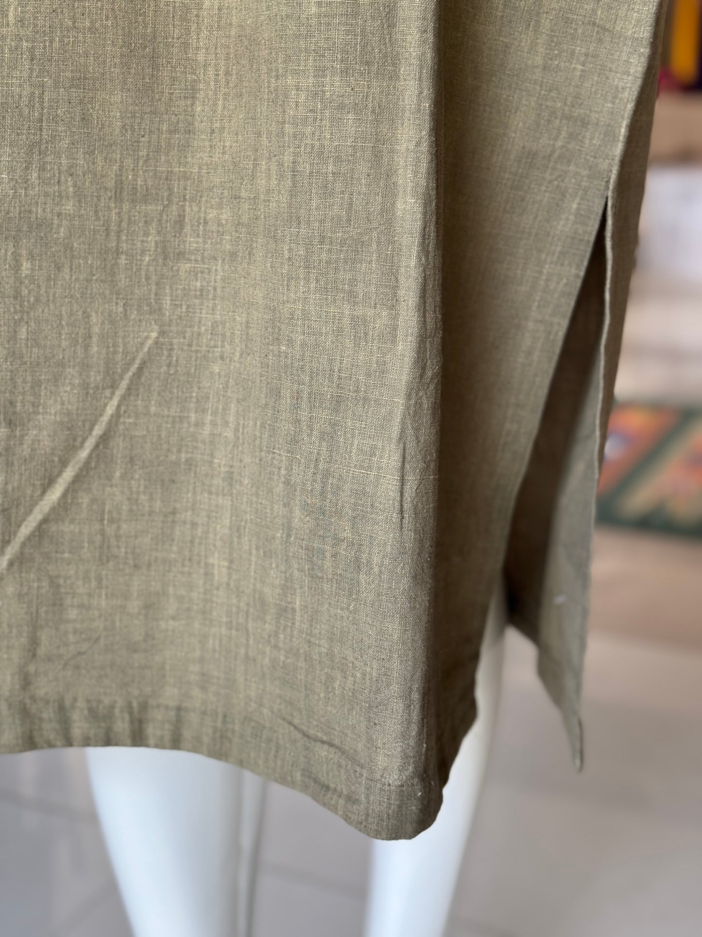 Mehendi green natural dyed , hand woven, organic cotton dress band collared dress with one side slit