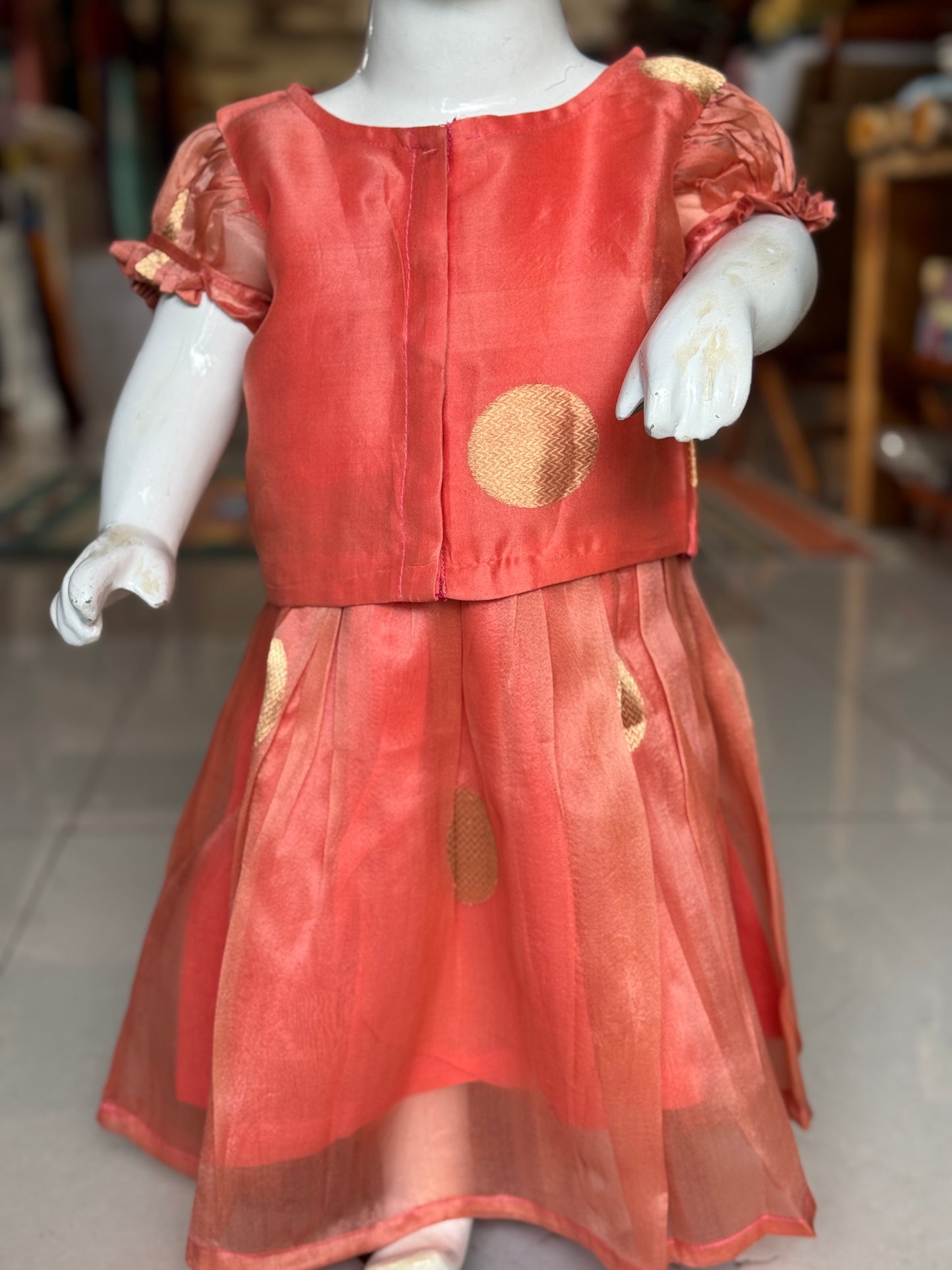 Peach organza handwoven pure silk lehenga (pattu langa jacket) blouse set