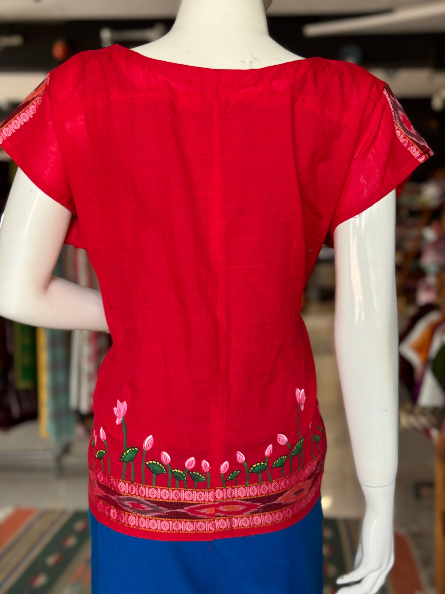 Red Patachitra hand painted, handwoven cotton top with ikat border