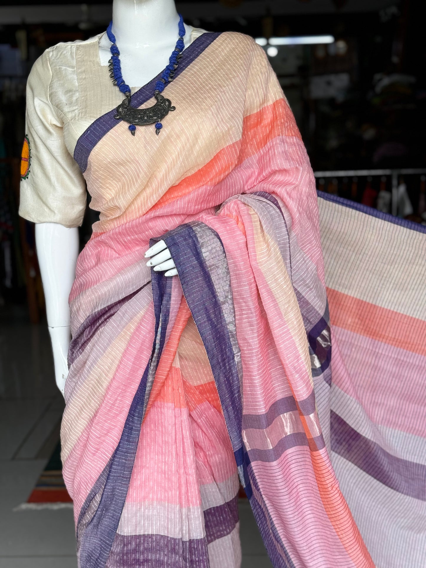 Multi color stripes color block handwoven linen cotton textured saree