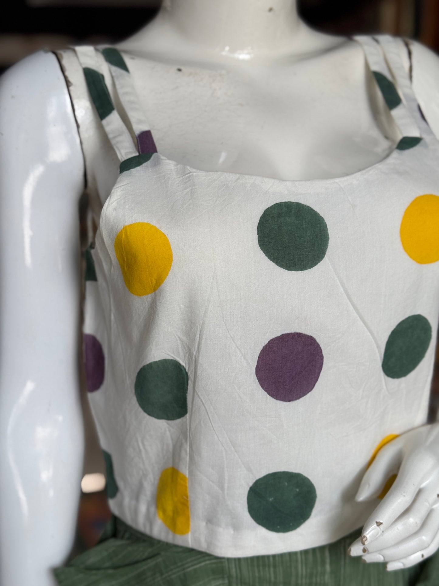 Strappy crop top with colorful circles on white base - cotton hand block printed