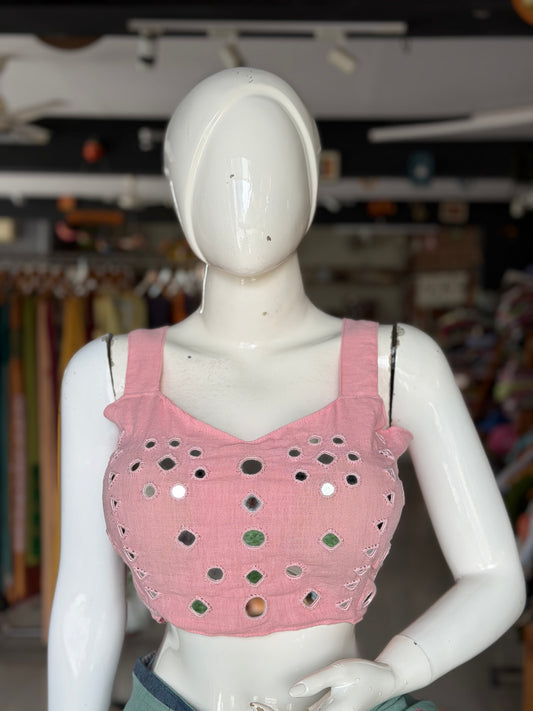 Light pink kala cotton sleeveless blouse with all over colorful mirror work on front and back