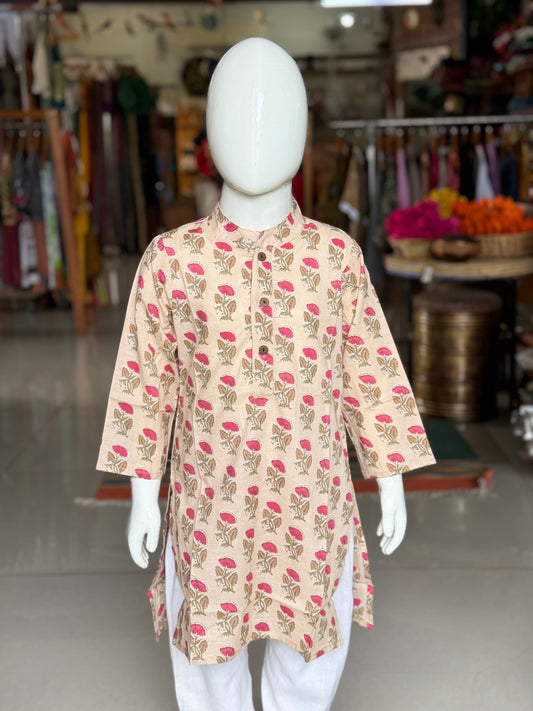 Sandal tone floral print cotton kurta for boys