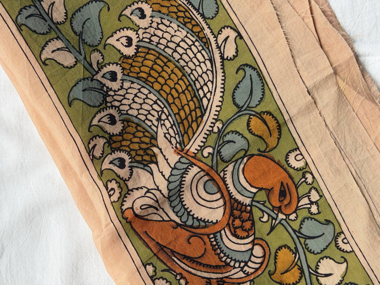 Green Silk pen Kalamkari hand painted border with peacocks and flowers design