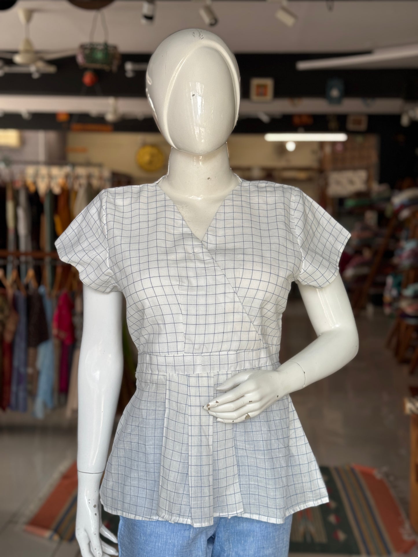 White with blue checks soft cotton handloom top
