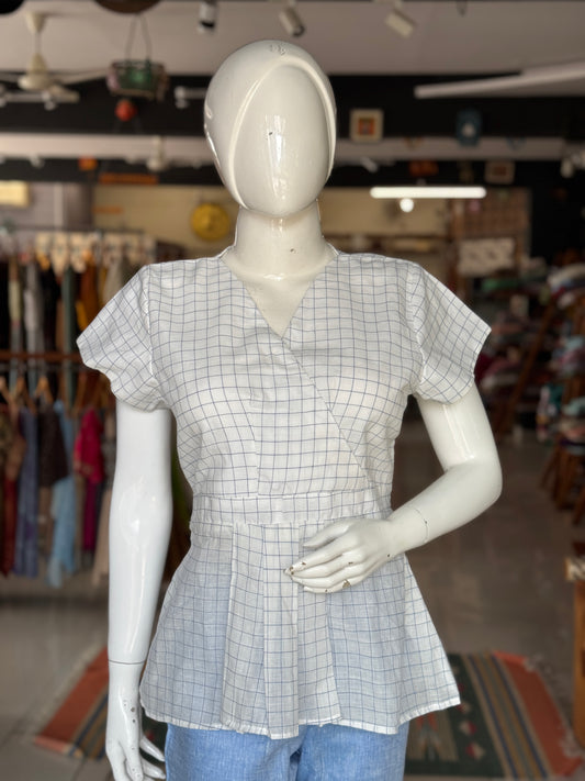 White with blue checks soft cotton handloom top