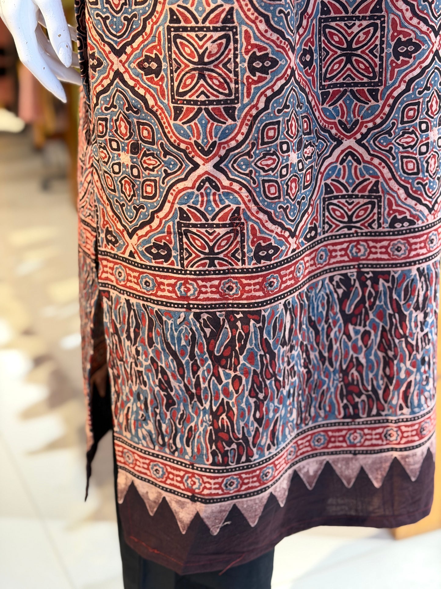 Maroon Ajrakh hand block printed cotton straight kurti with yoke design