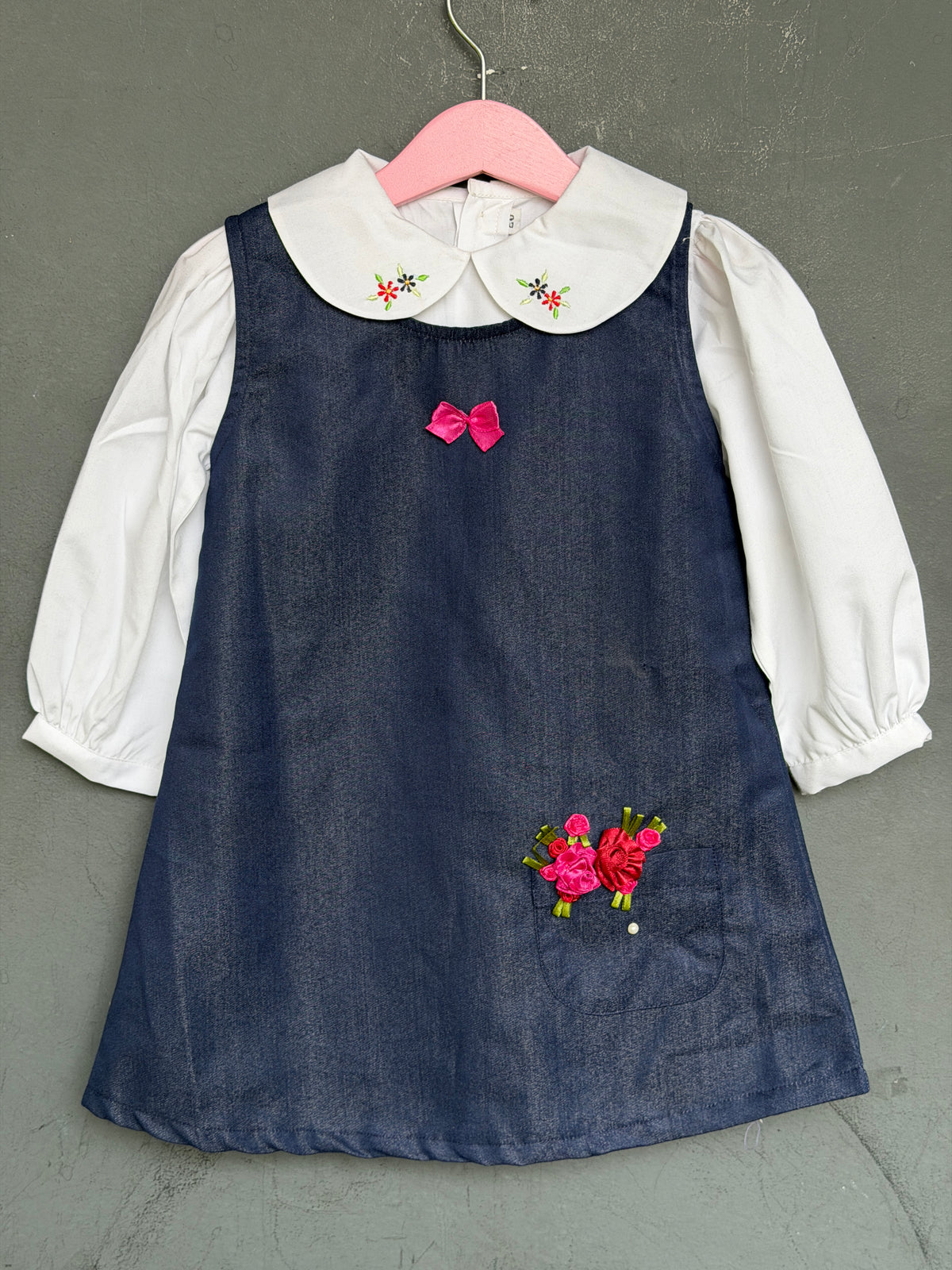 Denim blue frock for girls with embroidery and white Peter Pan embroidered collared full sleeves shirt - 2 piece set