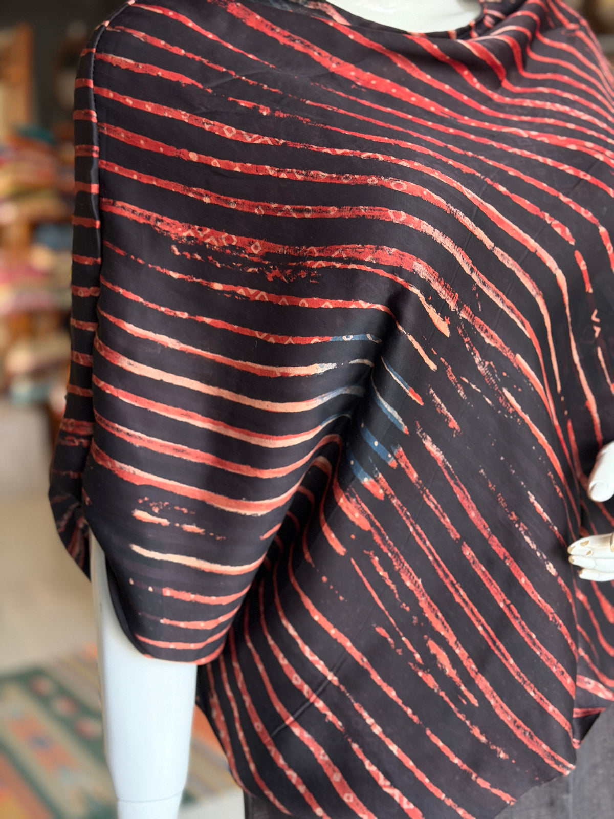 Black and red stripes modal Ajrakh hand block printed oversized top