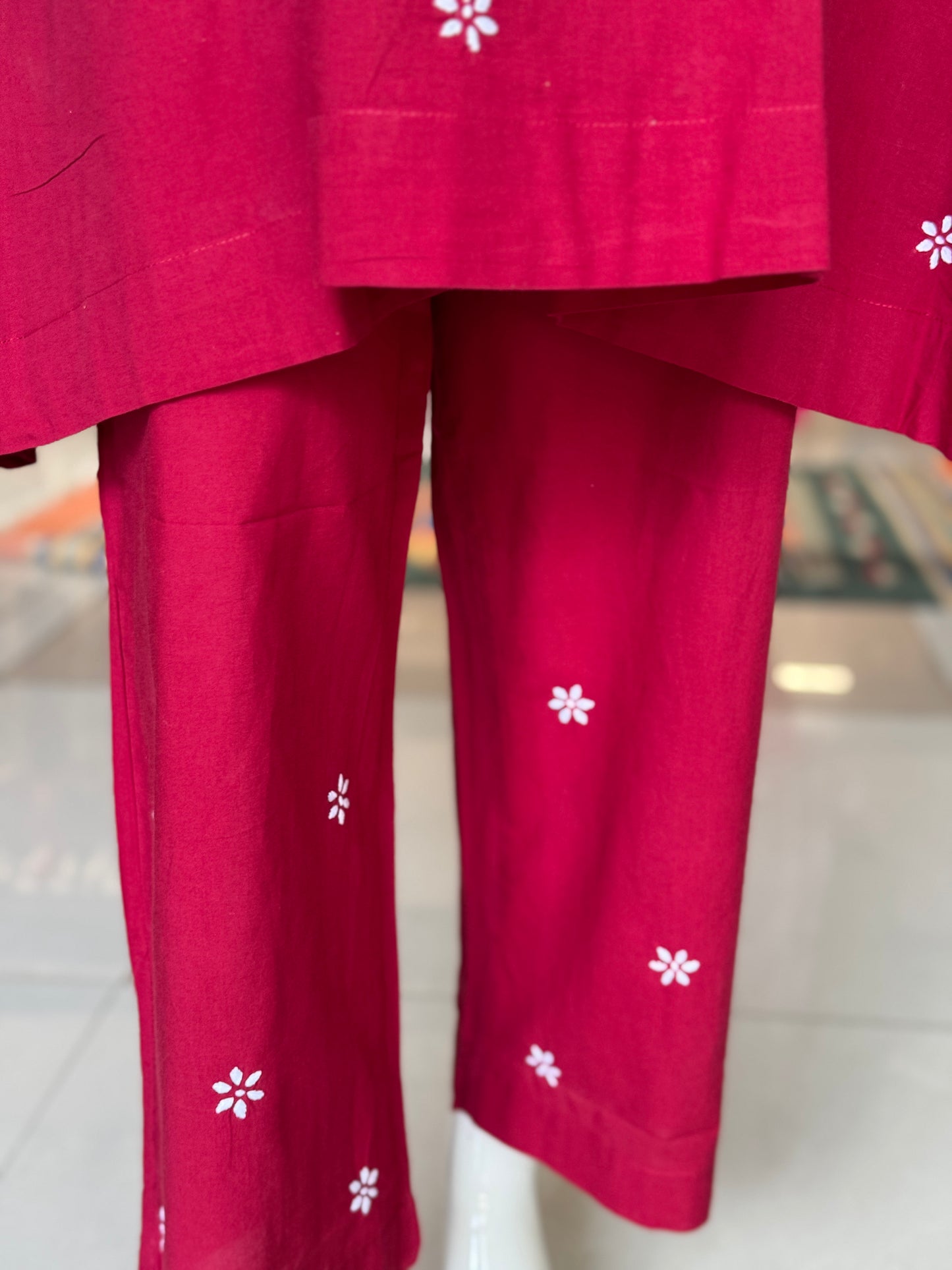 Maroon hand embroidered cotton kurta pants - 2 piece coord set