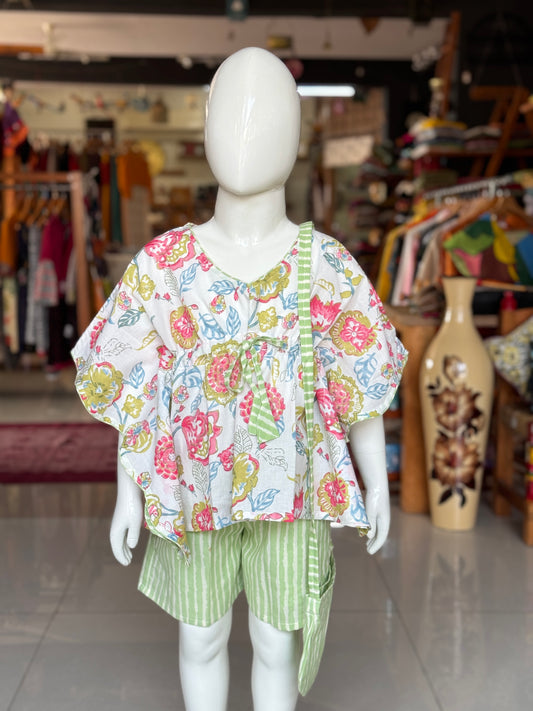 White and green floral hand block printed kaftan top with block printed stripes shorts and a matching bag - all in cotton