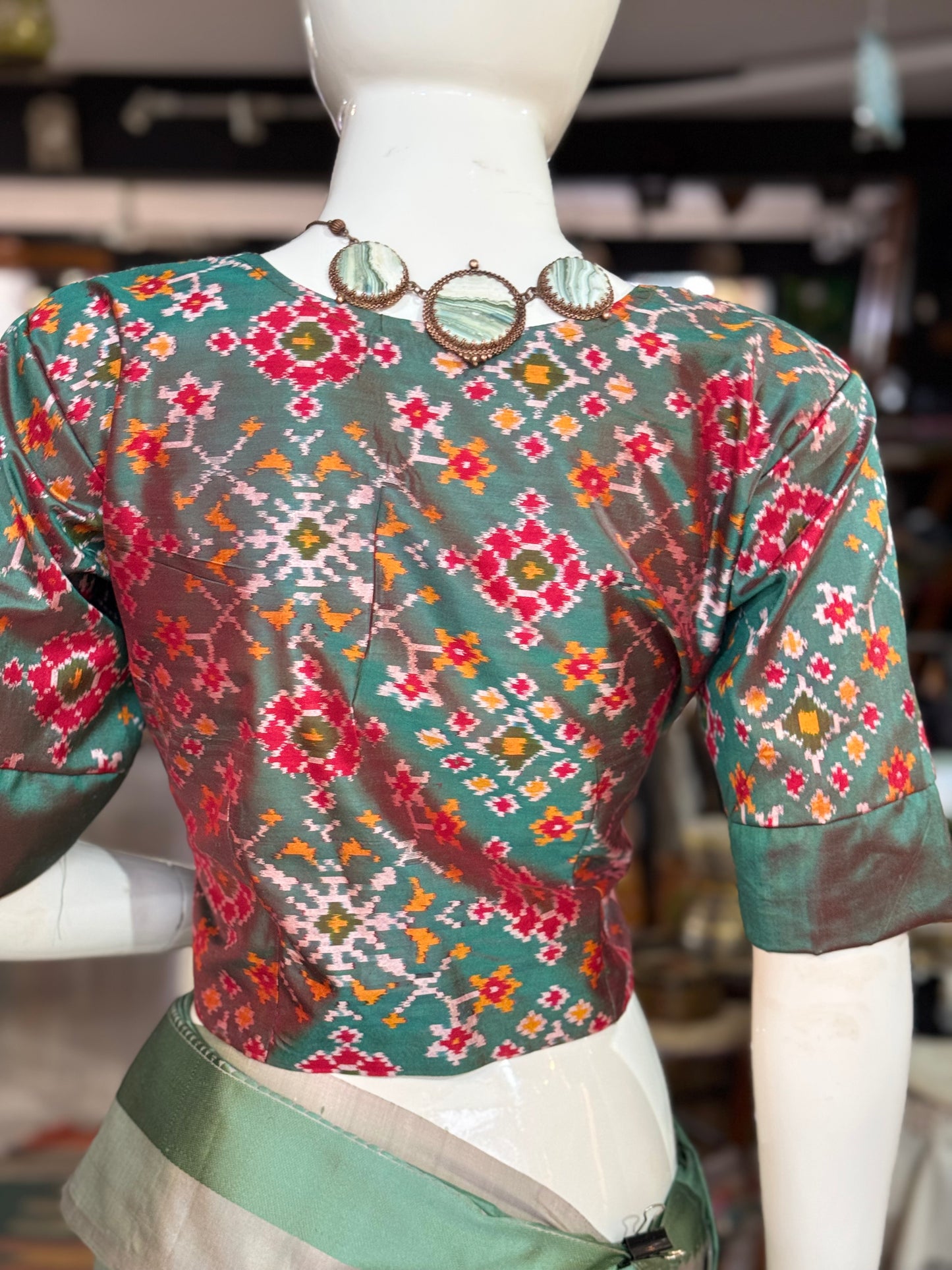 Green pure silk Ikat handloom elbow sleeves crop top / blouse