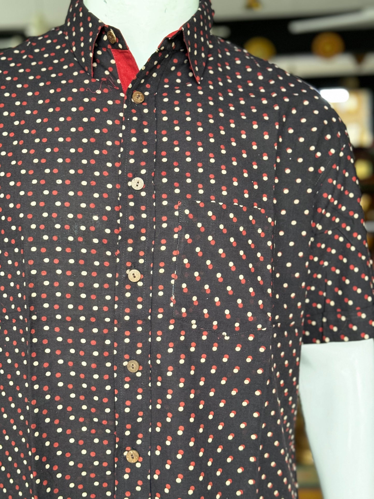 Black dots print half sleeves mens natural dye, hand block printed cotton shirt