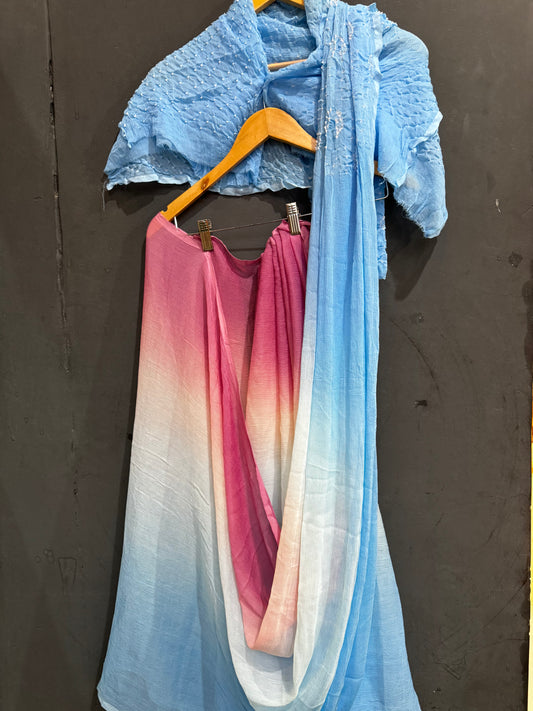 Blue and pink soft chiffon saree with bandini pallu and blue bandini blouse