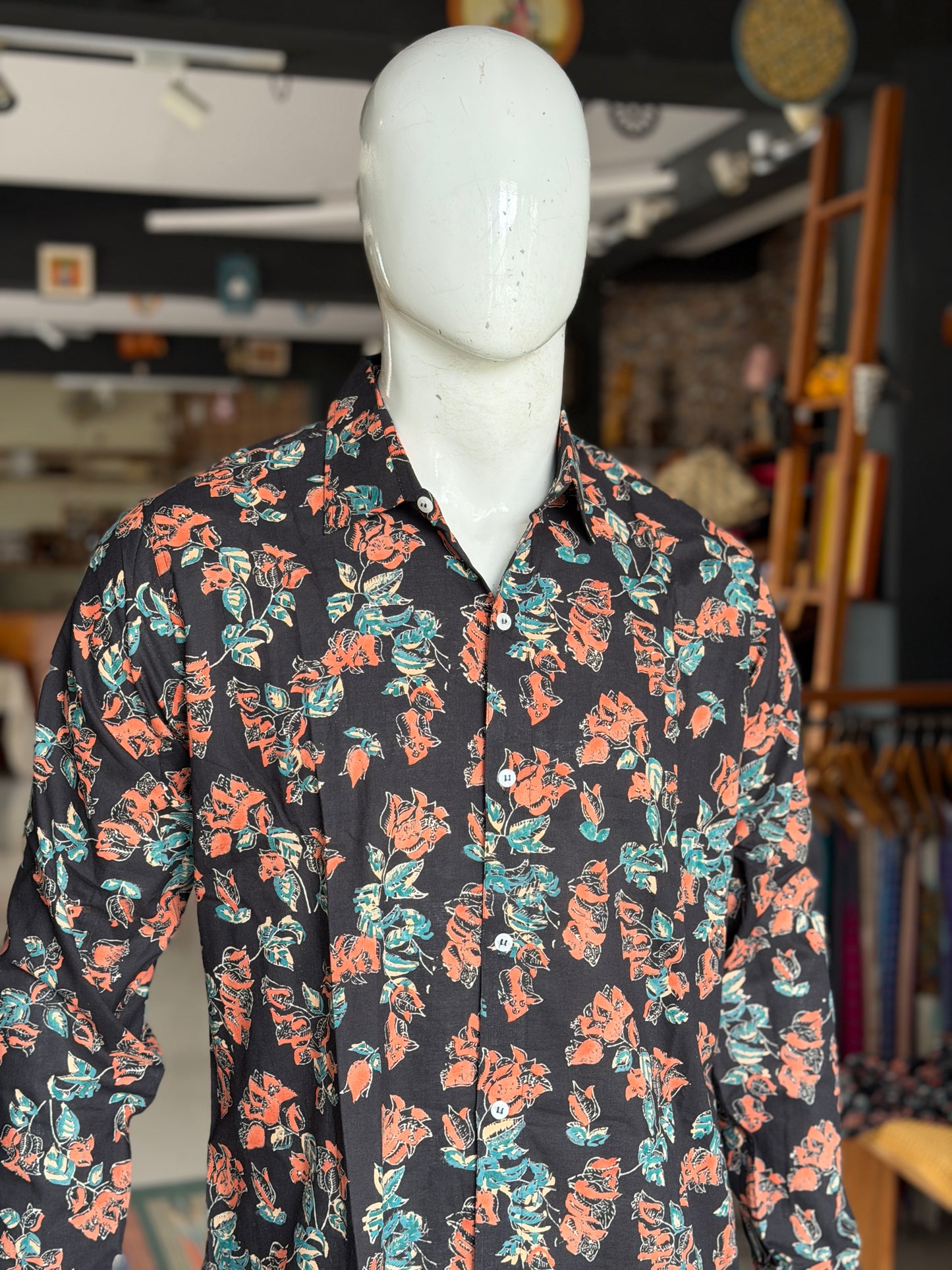 Black floral hand block printed cotton shirt for men