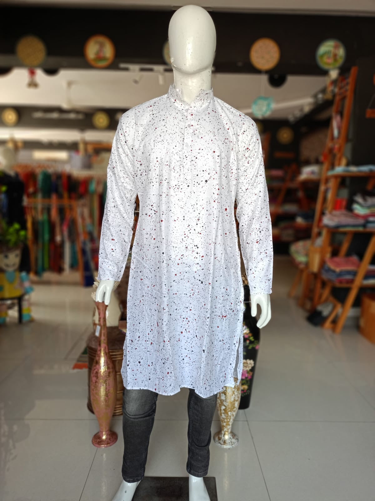 White handloom cotton long kurta with contemporary spray paint style hand block print