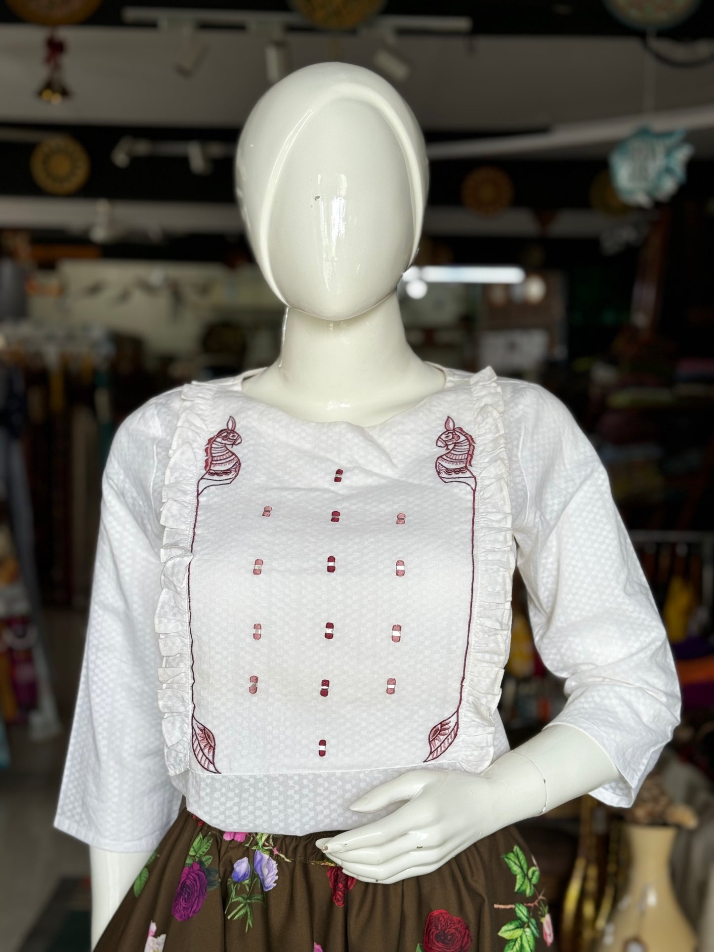 White self checks horse embroidery cotton top with ruffles detailing