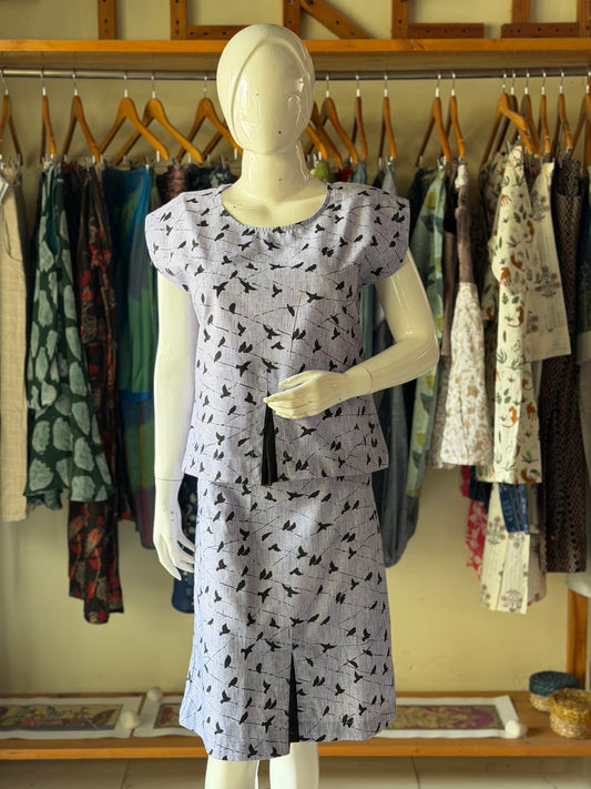 Lavender cotton coord set of skirt n top with birds print