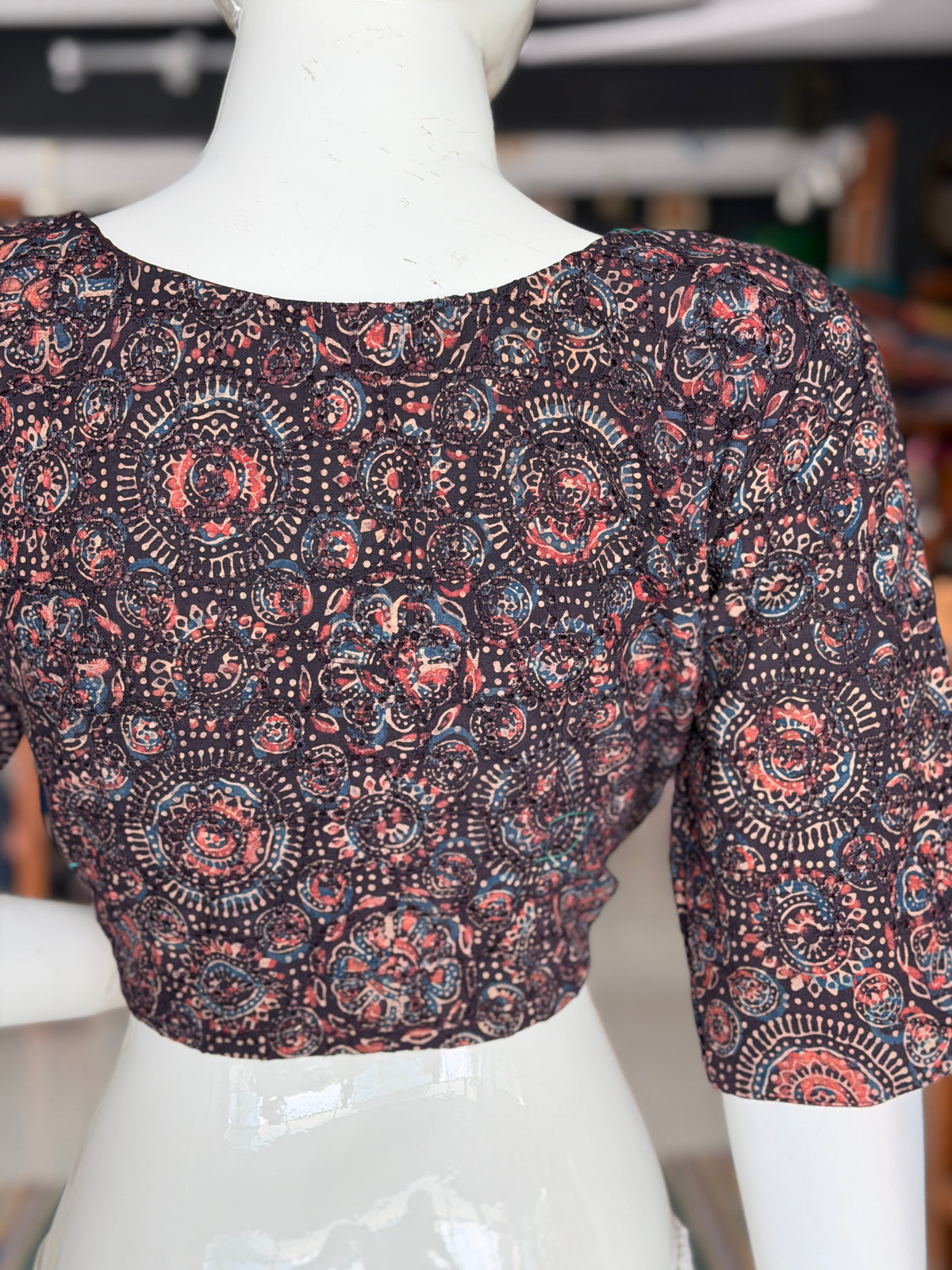 Black Ajrakh handblock printed cotton Hakoba front open blouse
