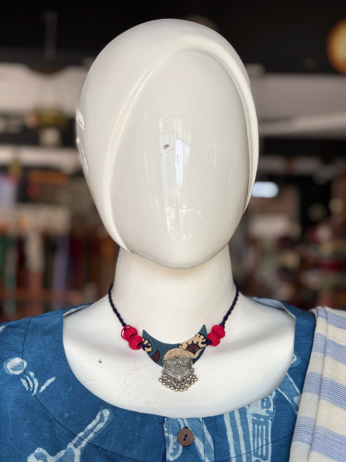 Hand block printed cotton fabric and oxidised silver handcrafted choker neckpiece and earrings set