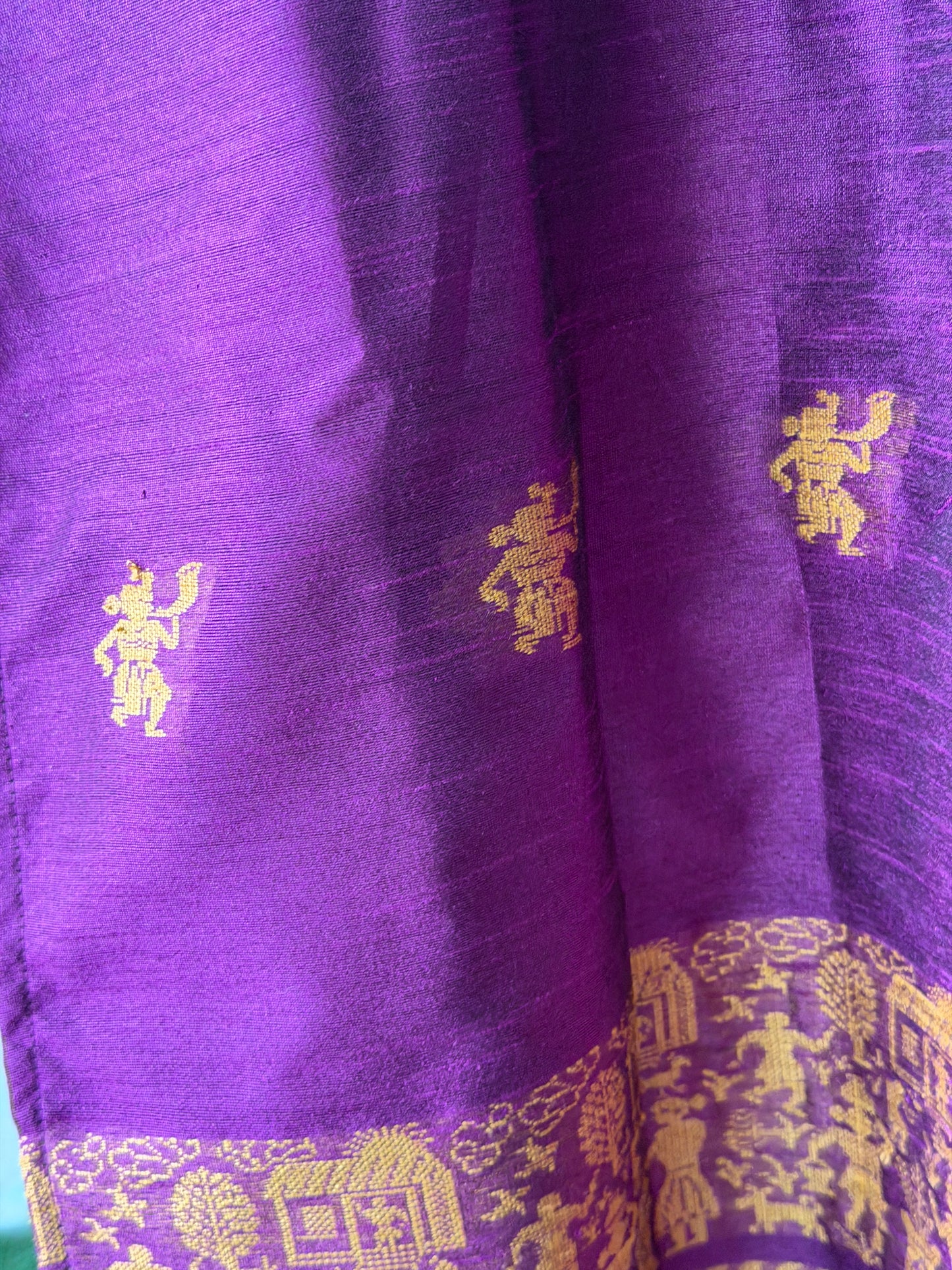 Purple hand woven raw silk kurti with tribal motifs for girls