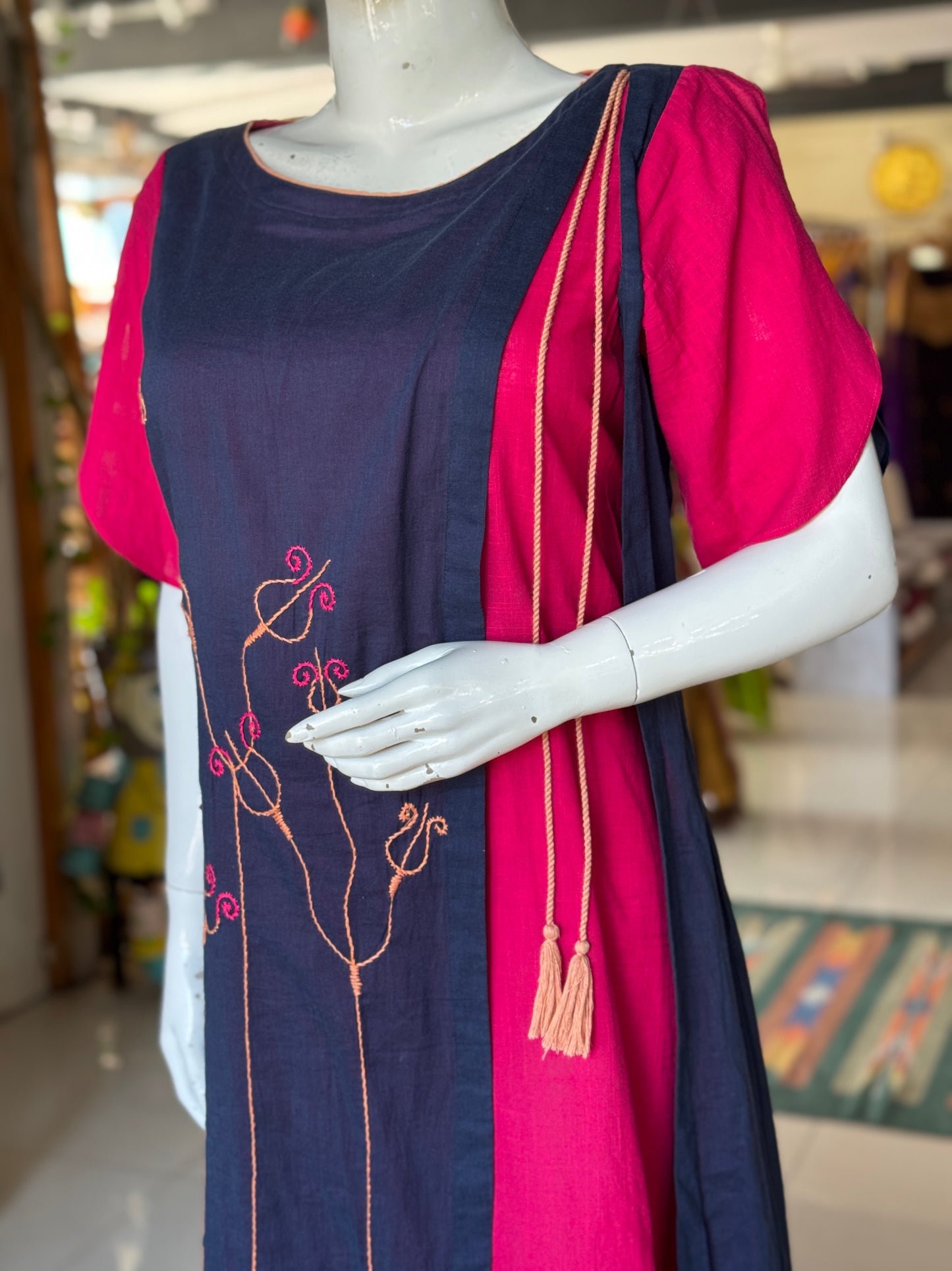 Blue and pink, hand embroidered, layered cotton dress