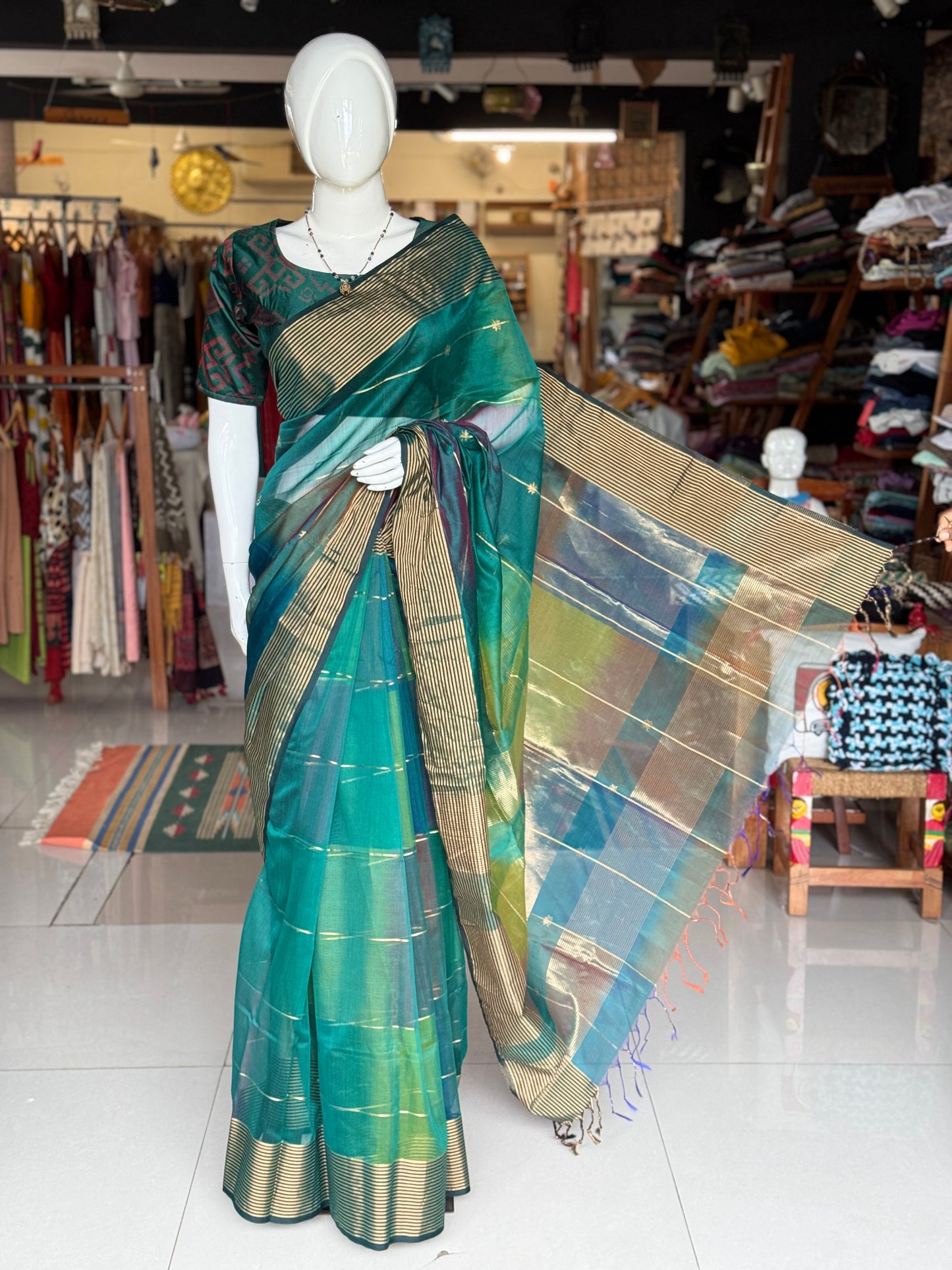 Turquoise, teal, green - multi color star buti stripes silk cotton Maheshwari handloom saree