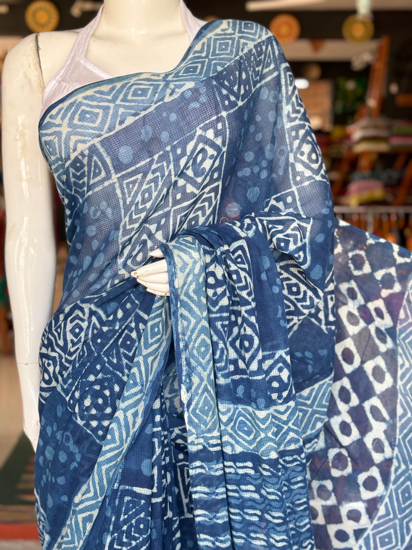 Indigo kota cotton hand block printed saree