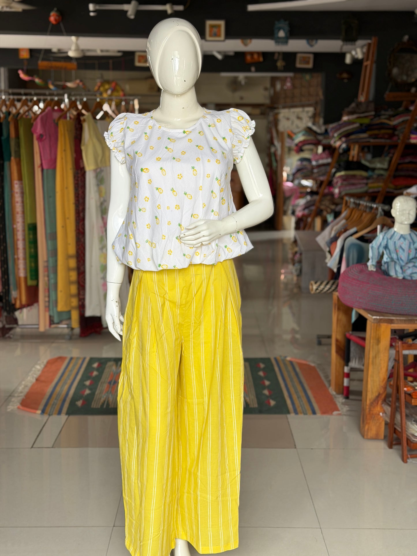 Yellow hearts print cotton kurti paired with a matching stripes print barrel pants - 2 piece set