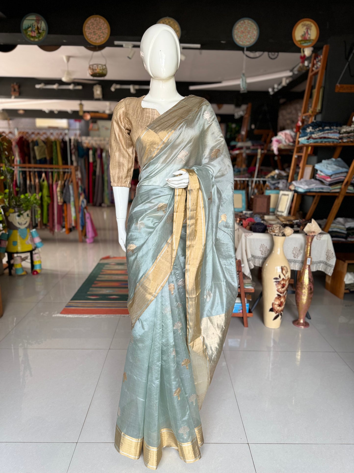 Pastel green Chanderi pure silk handwoven eknaliya buti saree