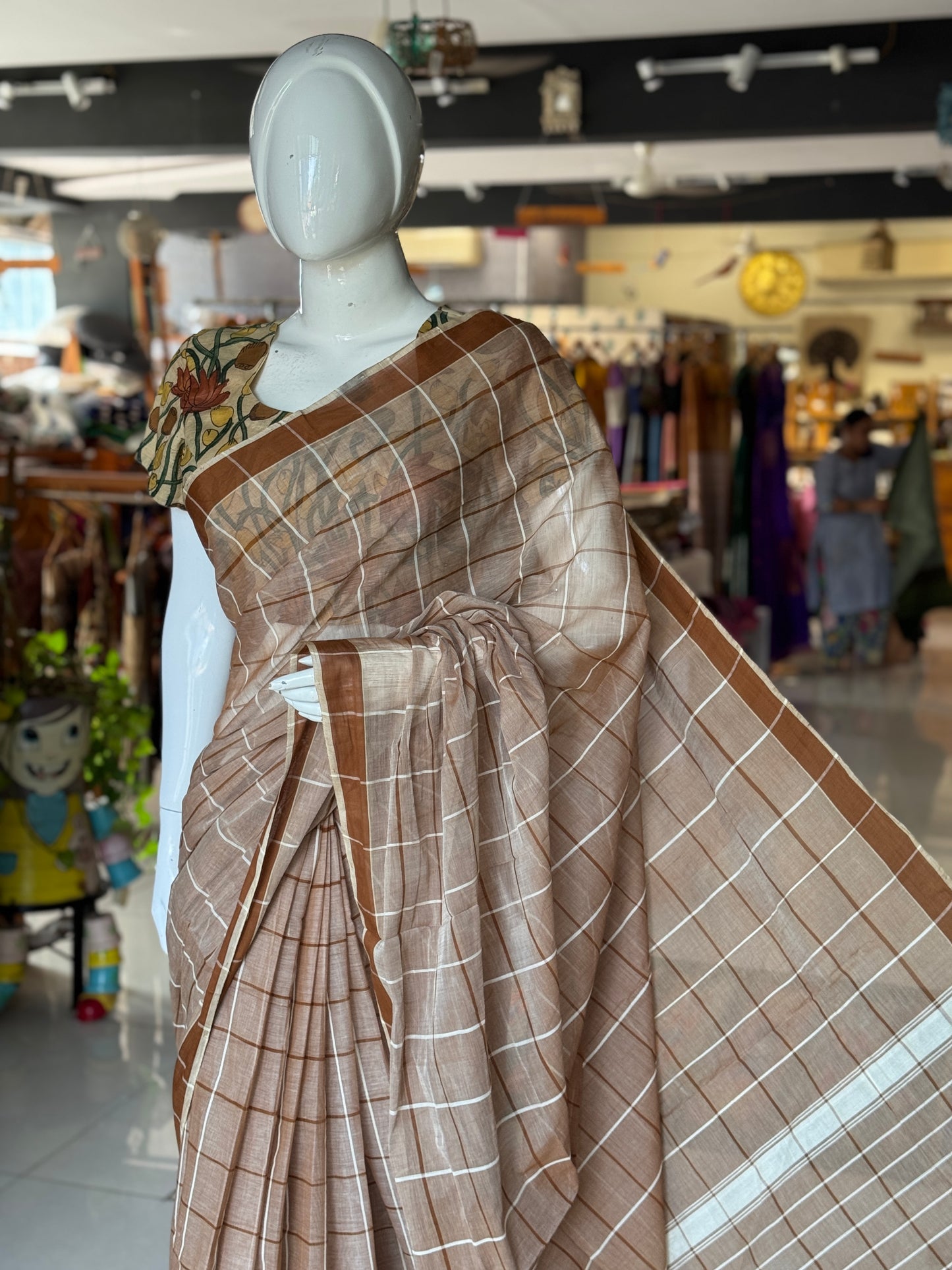Checkered light weight soft handloom Bobbili cotton saree - multiple colors available