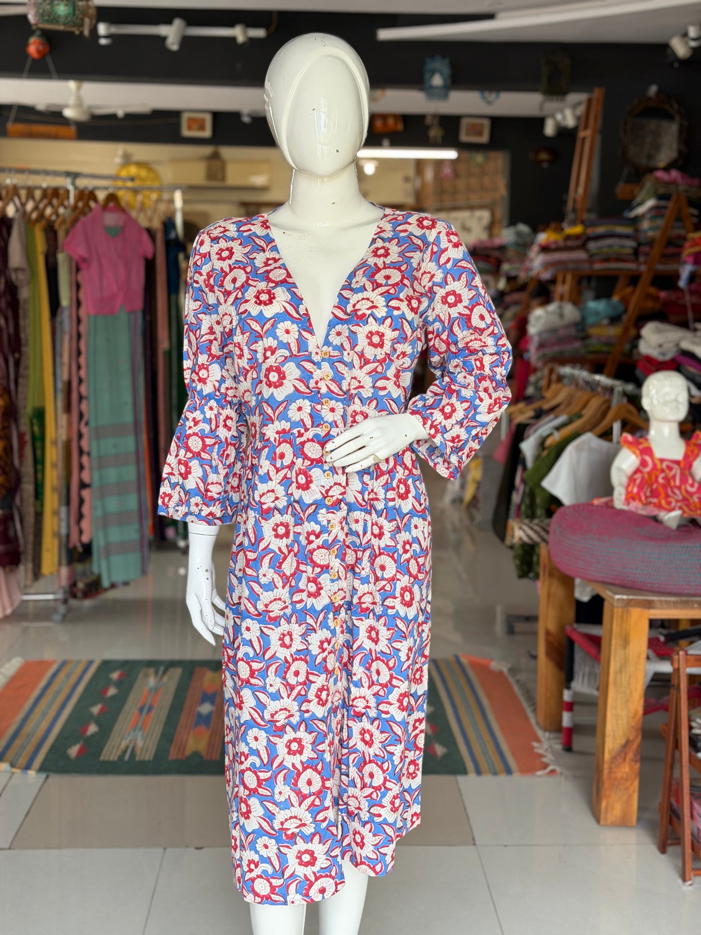 Blue and red floral hand block printed deep v-neck cotton dress with flouncy sleeves