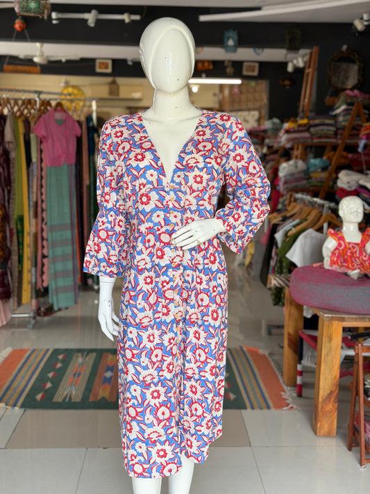 Blue and red floral hand block printed deep v-neck cotton dress with flouncy sleeves