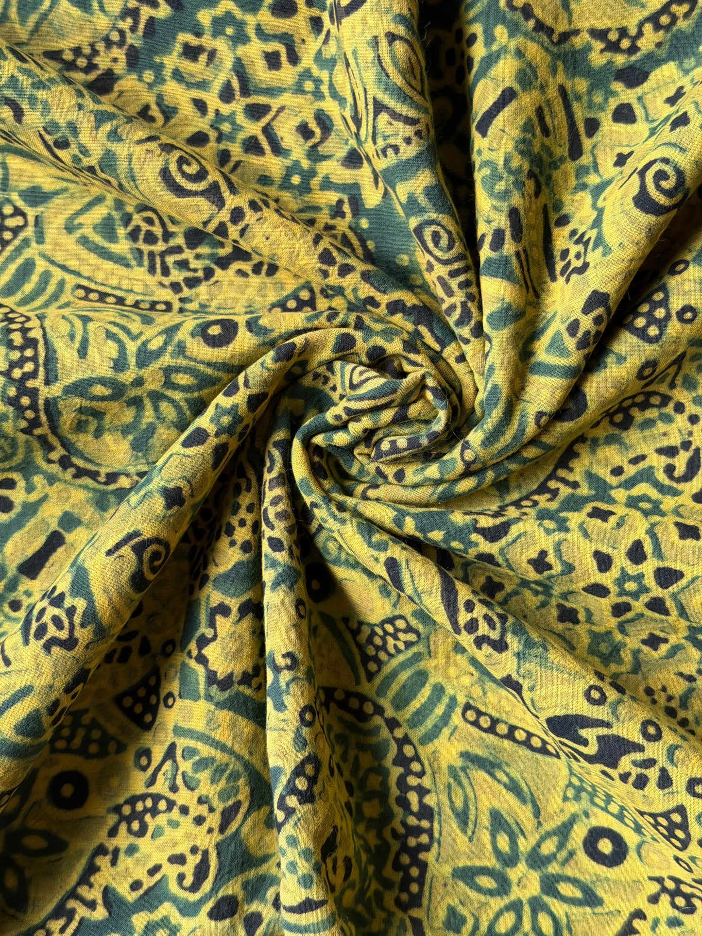 Yellow green cotton fabric with Ajrakh hand block prints