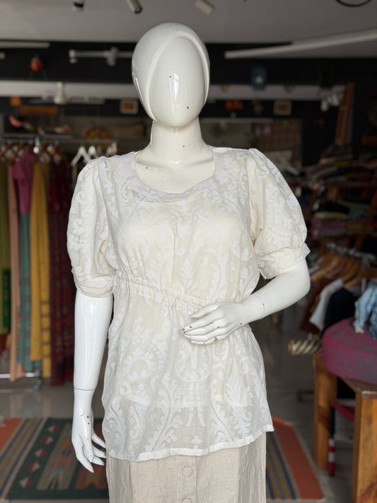 Off white banaras cotton cut work top with cross drawstring